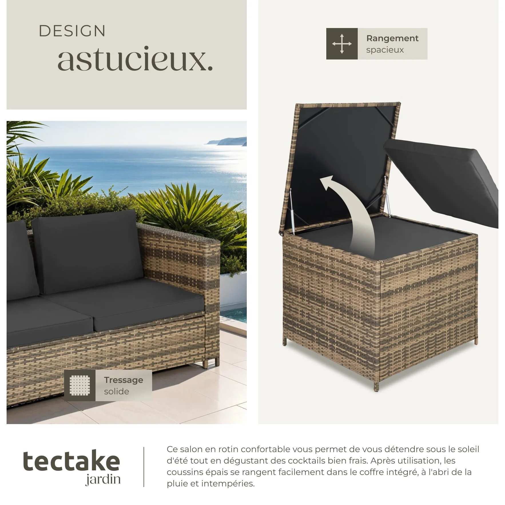 tectake® Ensemble Salon de Jardin Exterieur en Poly Rotin 4 Personnes, 2 Canapés modulables, Coffre de Rangement et Table de Jardin en Verre Inclus, Mobilier de Jardin pour Amenagement Balcon