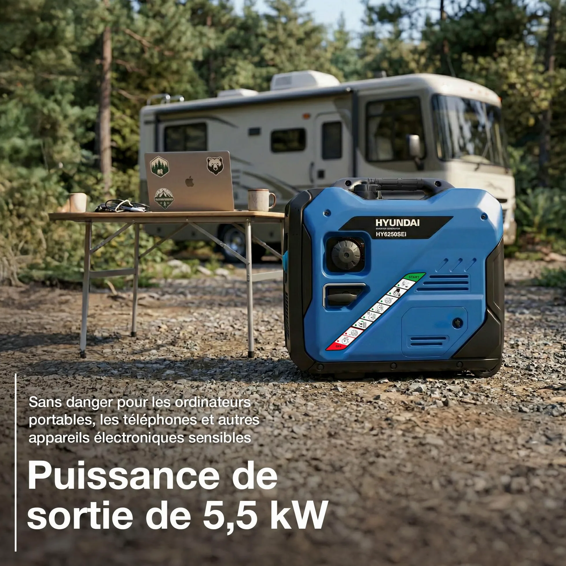 Hyundai Groupe Électrogène Inverter 5500 W / 5 kW Continu, Démarrage Électrique, Essence, Onde Sinusoïdale Pure, Réservoir 11 L, Garantie 3 Ans - HY6250SEi-EU