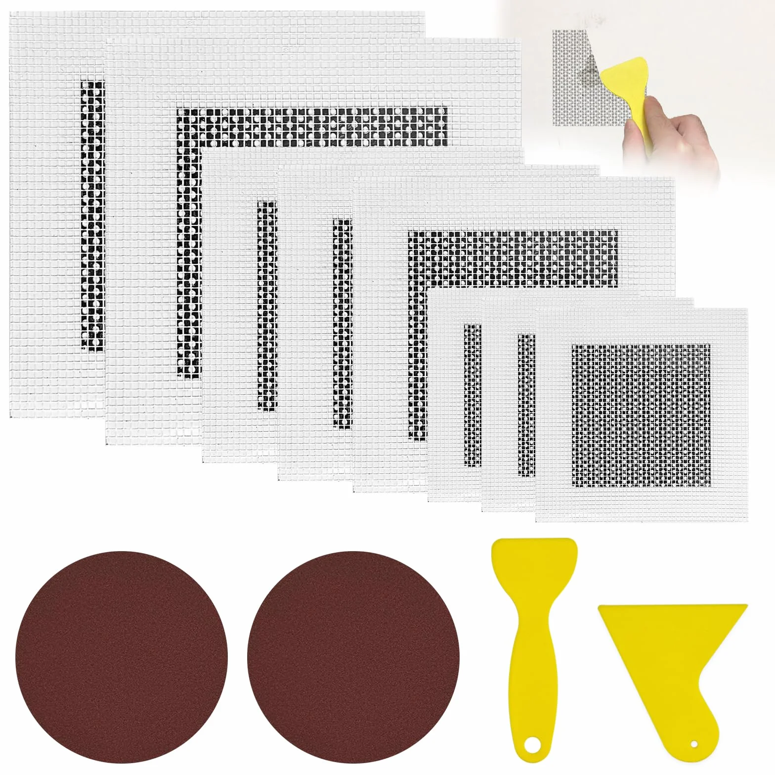 Patch de Réparation de Mur en Aluminium 8 Pièces 2/4/6 Pouces Maille de Fibre Auto-Adhésifs