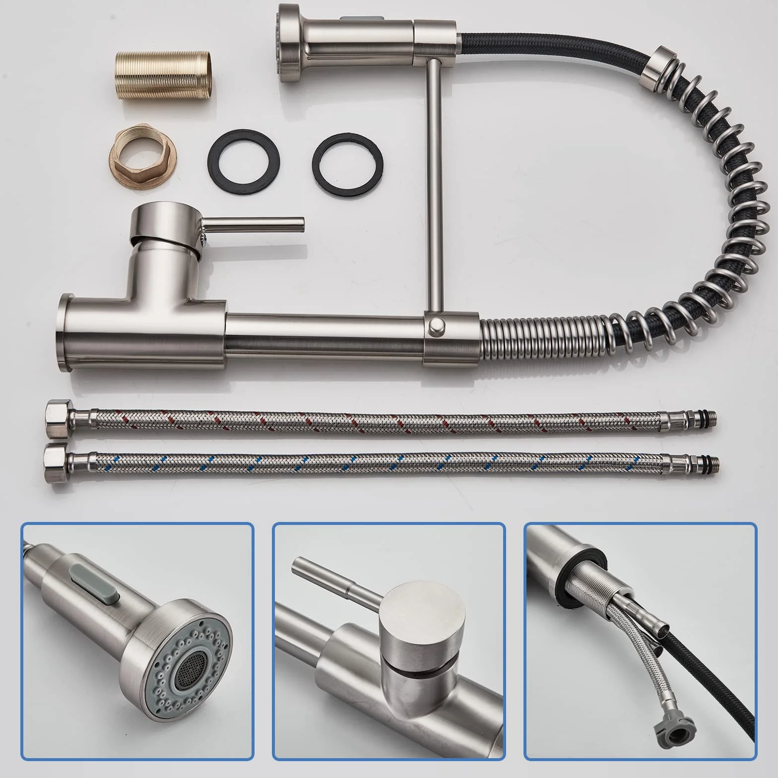 JUNSHENG Robinet de cuisine extractible, mélangeur acier inoxydable haute pression pivotant 360°, nickel brossé