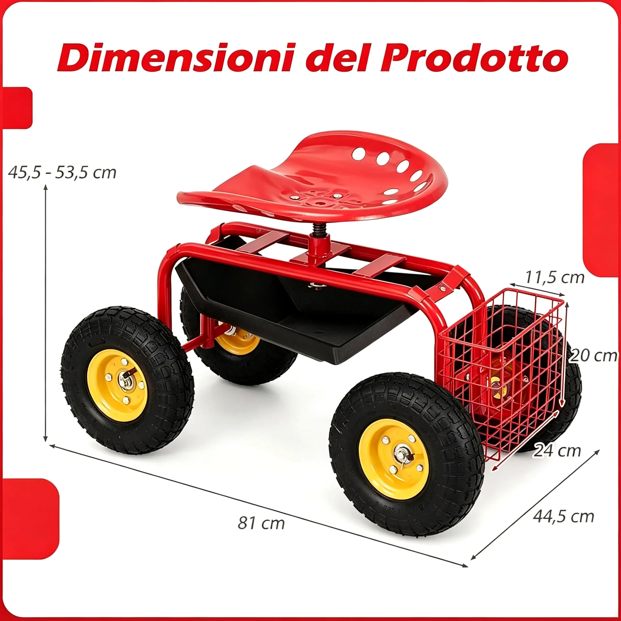 SOARS Siège Roulant de Jardin Pivotant à 360° et Réglable en Hauteur de 46 à 53 CM, Tabouret de Jardinage avec Étagère et Panier, Charge Maximale 150 KG, pour Jardinage et Entretien (Rouge)