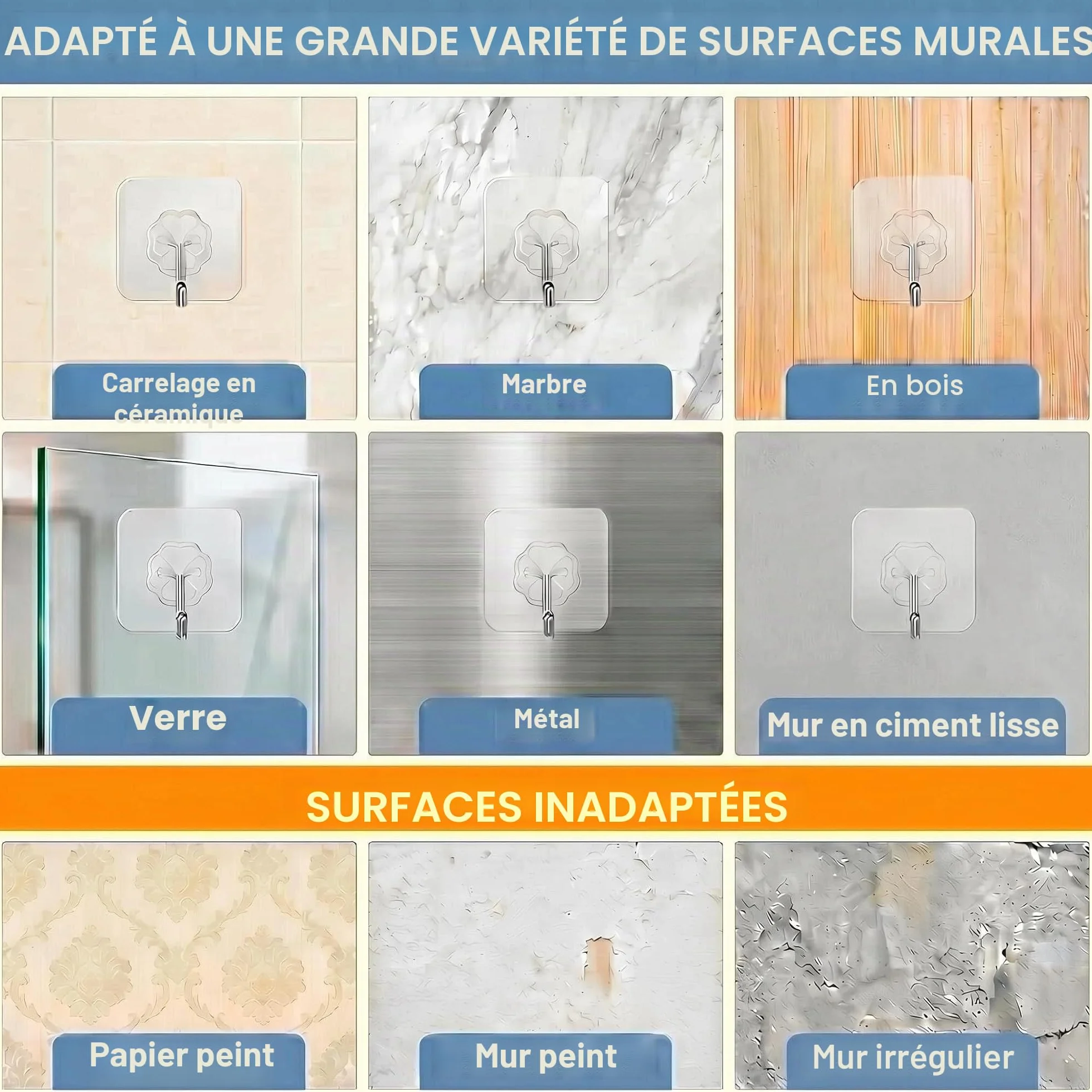 Crochets Adhésifs Transparents sans Percer 15kg Max Étanches Eau/Huile Salle de Bain Cuisine 10 Pièces