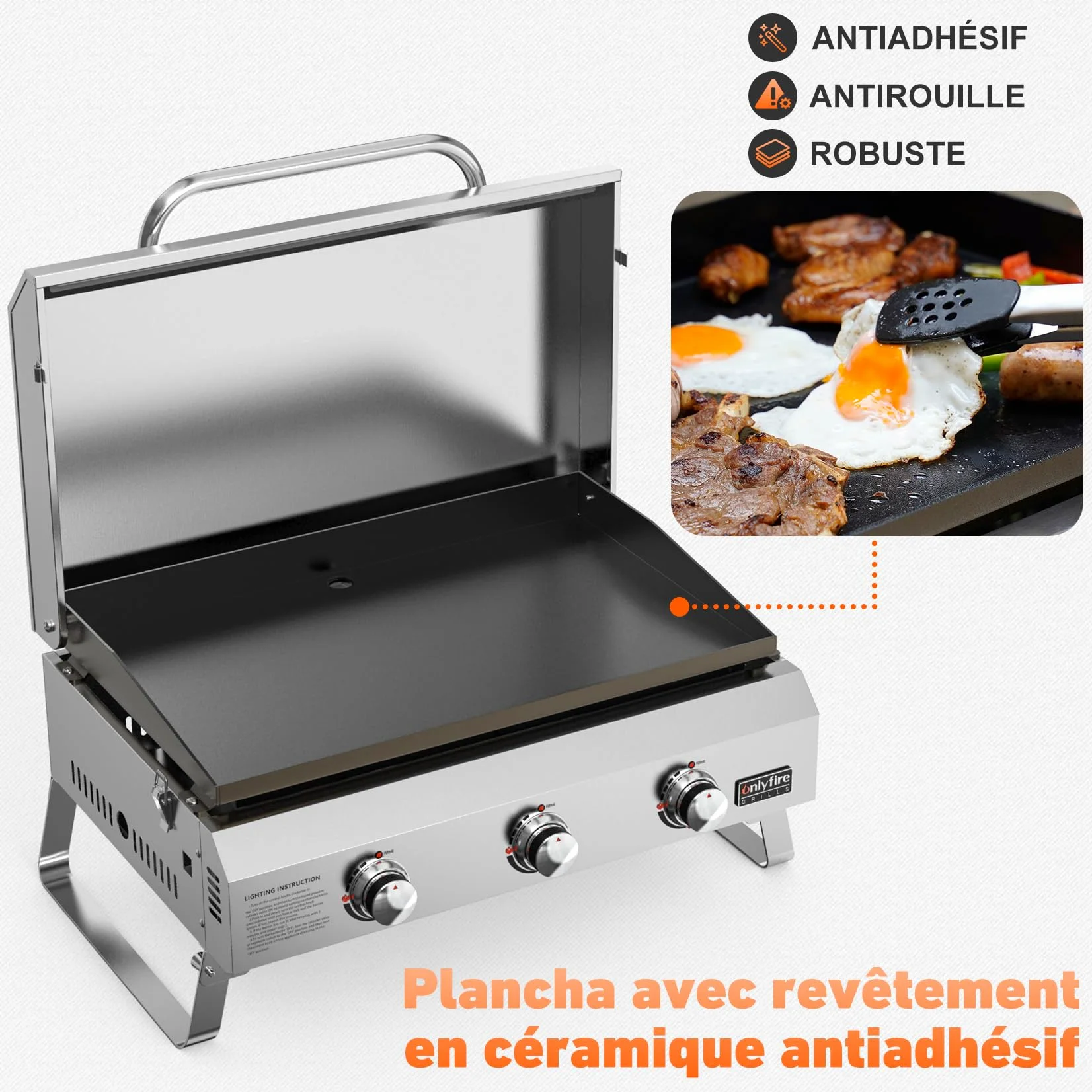 onlyfire Plancha à Gaz de Table en Inox, Barbecue Gaz avec Couvercle et 3 Brûleurs 7kW, Plancha 57x36cm avec Revêtement en Céramique Antiadhésif, Pieds Pliables pour Terrasse, Balcon et Camping