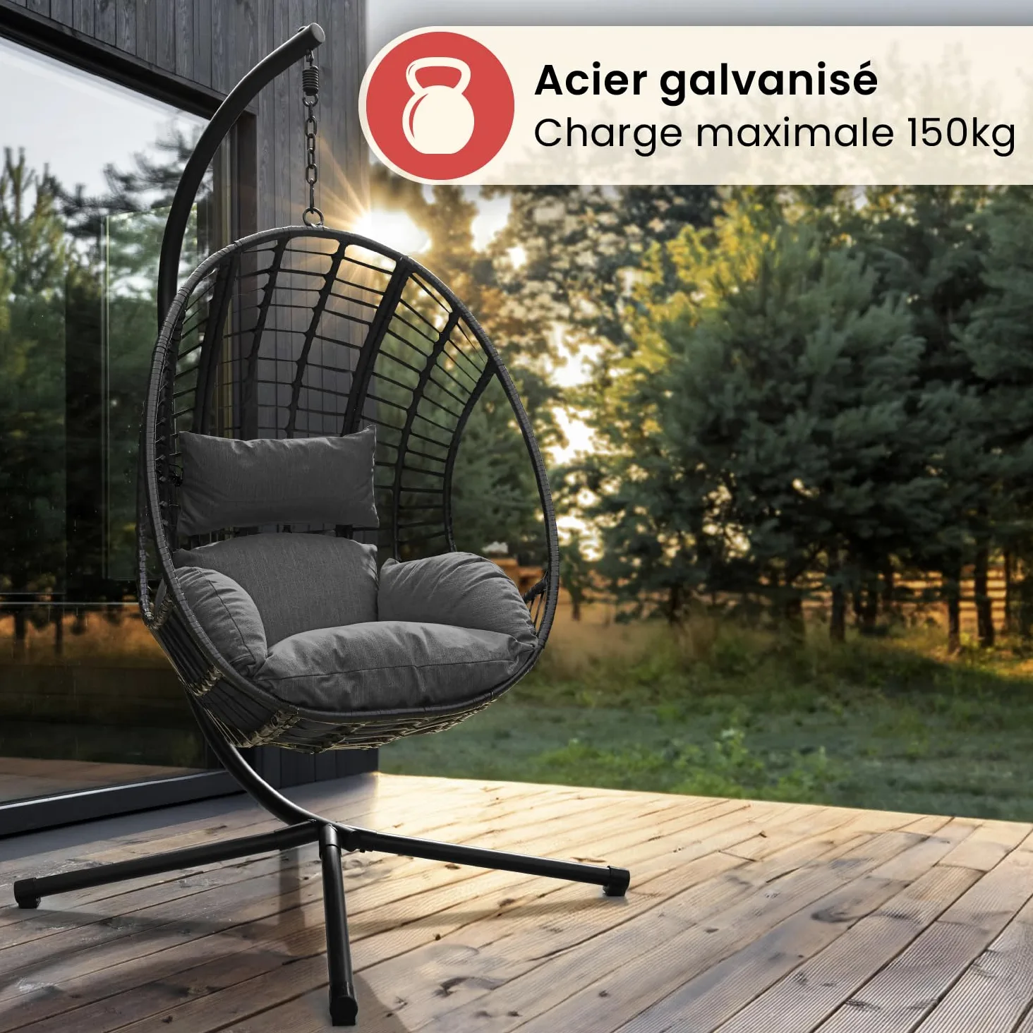 Swoods Fauteuil Suspendu Egg XXL - Chaise Suspendue avec Support - pour Intérieur et Extérieur - INCL. Oreillers - Chaise Egg - Cocoon - Chaise Oeuf - Jusqu'à 150kg (Gris foncé)