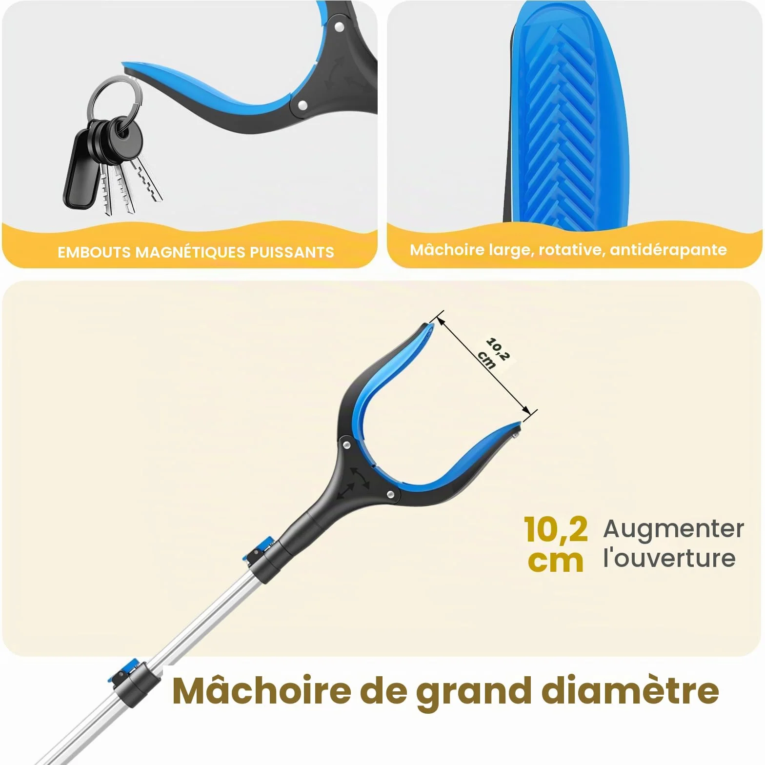 Pince Ramasse-Objet Télescopique 5 Niveaux (58-104 cm) - Ramasse Feuilles Mortes, Déchets, avec Aimant - Canne Grappin Longue Jardin, Personnes Âgées, Sans Se Baisser (Blue)