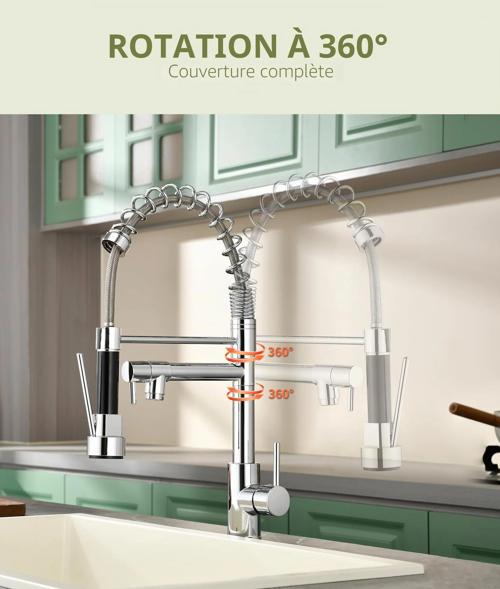 Robinet de cuisine avec douchette extractible pivotant 360° mitigeur haute pression acier inoxydable