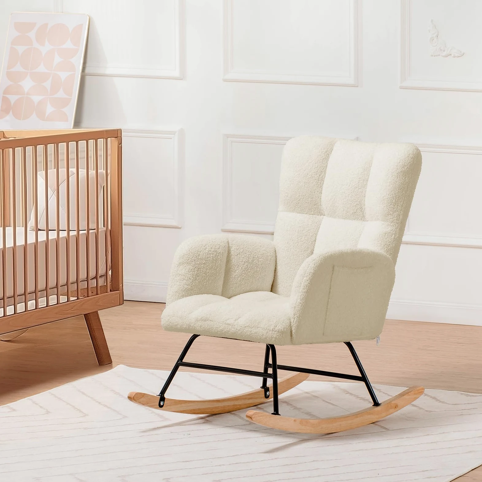 COMHOMA Fauteuil à Bascule, Fauteuil de Relaxation, avec accoudoirs, en Peluche Peluche, Charge maximale : 150 kg, Chaise Longue de Jardin pour Chambre, Beige avec Repose-Pieds