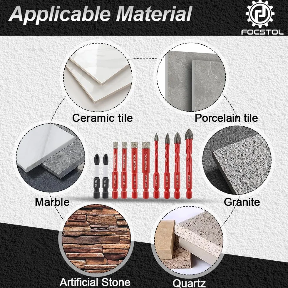 FOCSTOL Foret Diamant Carrelage 10 pièces, Scie Cloche Porcelaine Céramique Marbre Granit Verre, Tige Hexagonale 5/6/8/10mm