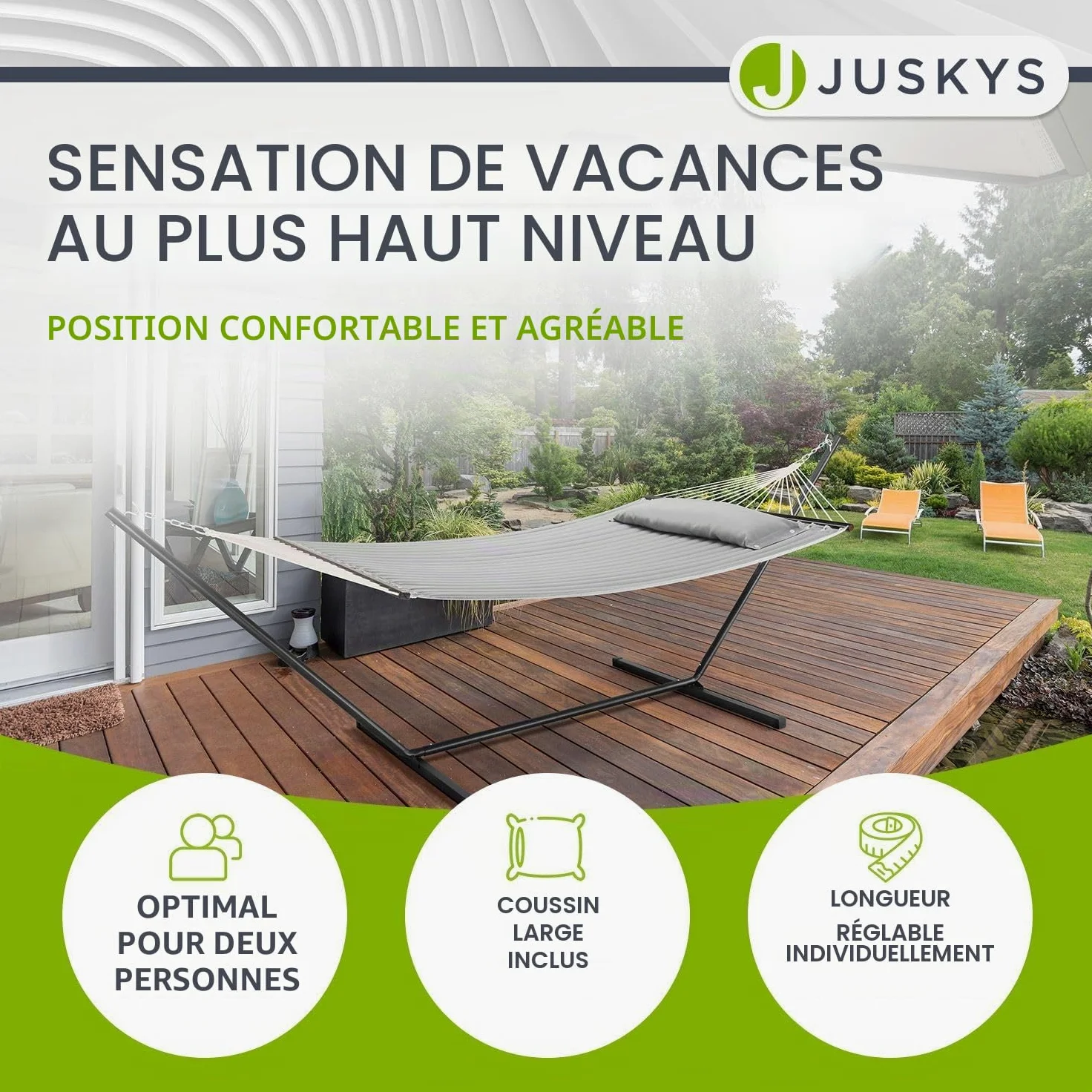 Hamac Cata de Juskys avec châssis et Coussin - hamac Double d'extérieur, pour 2 Personnes - hamac Double avec châssis, supportant jusqu'à 200 kg - Gris Clair