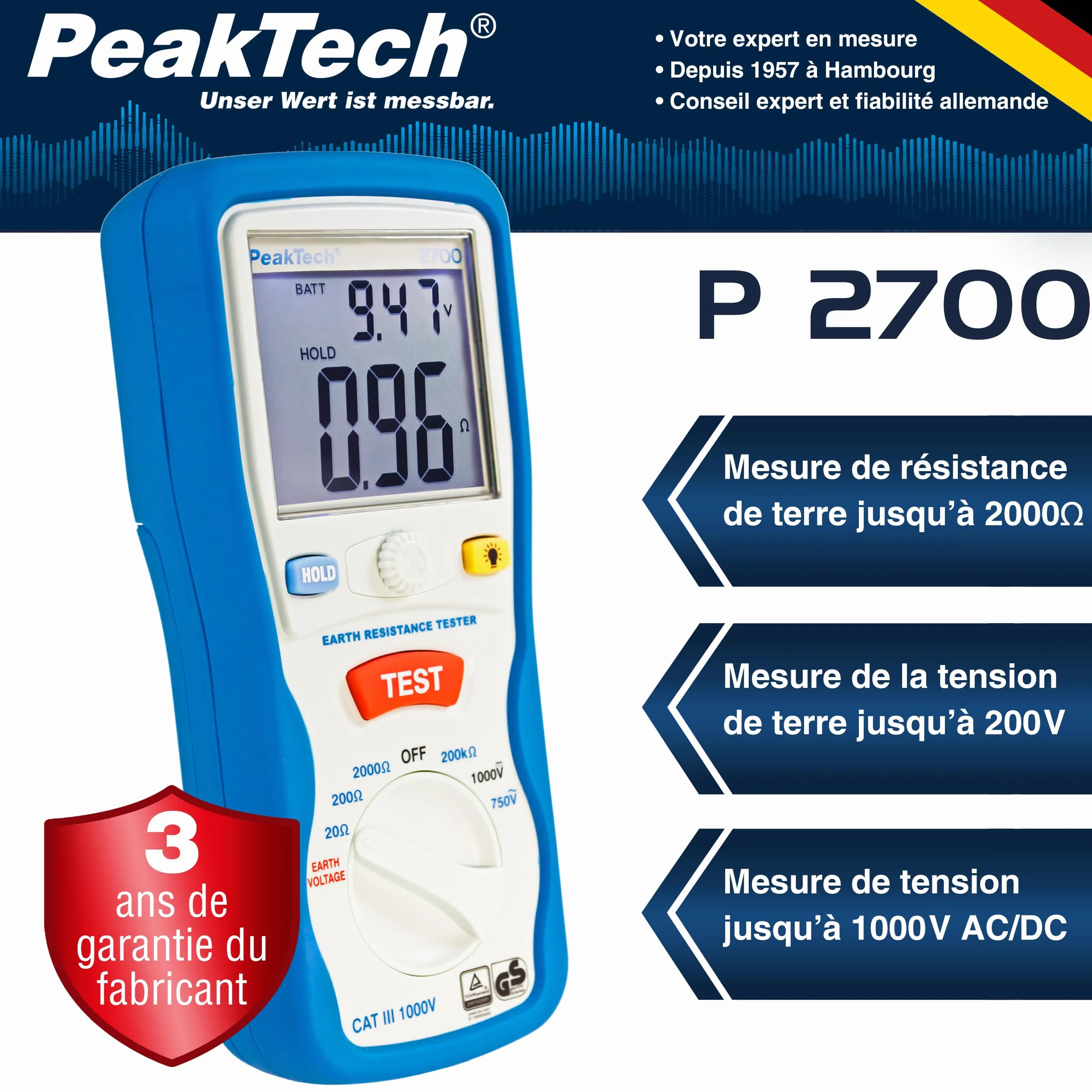 PeakTech 2700 Numérique Mesureur de Résistance de Terre CAT III 1000 V Double Affichage LCD