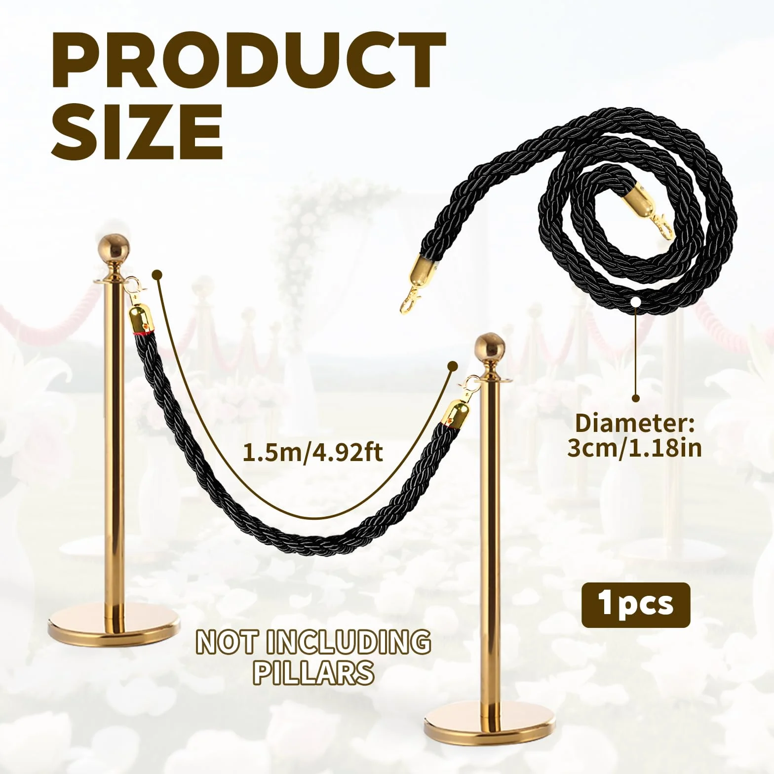 Corde de Barrière Torsadée 1,5m avec Crochet pour Système de Guidage Noir