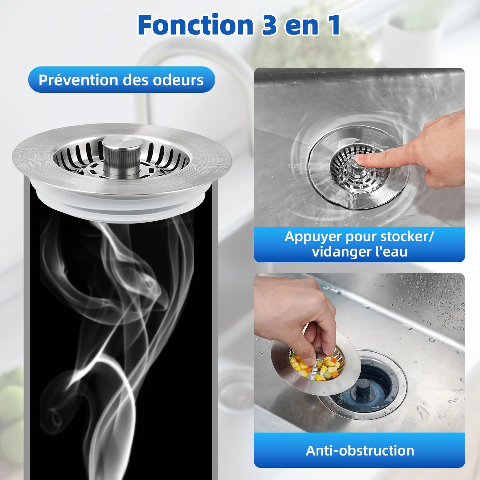 Hibbent Bouchons Évier Cuisine 3 en 1 Améliorés, Crépine Acier Inoxydable avec Base ABS, Double Joint Caoutchouc, Anti-Bouchage, Anti-Odeurs, Profondeur 28 mm, Nickel Brossé