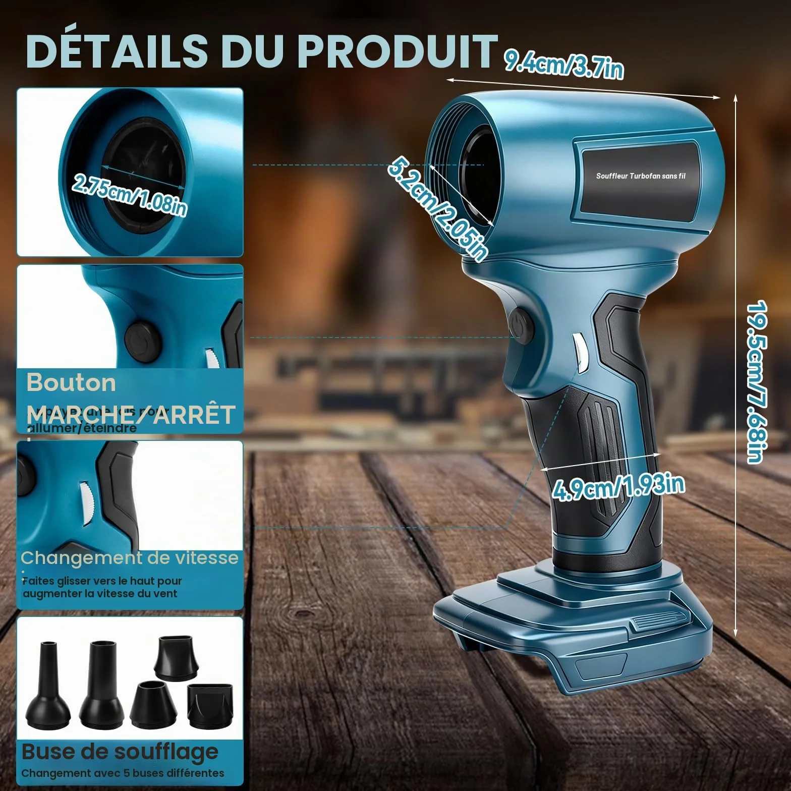 Makita 18V Souffleur à Feuilles sans Fil sans Balais 130000 TR/Min Vitesse Réglable 5 Buses