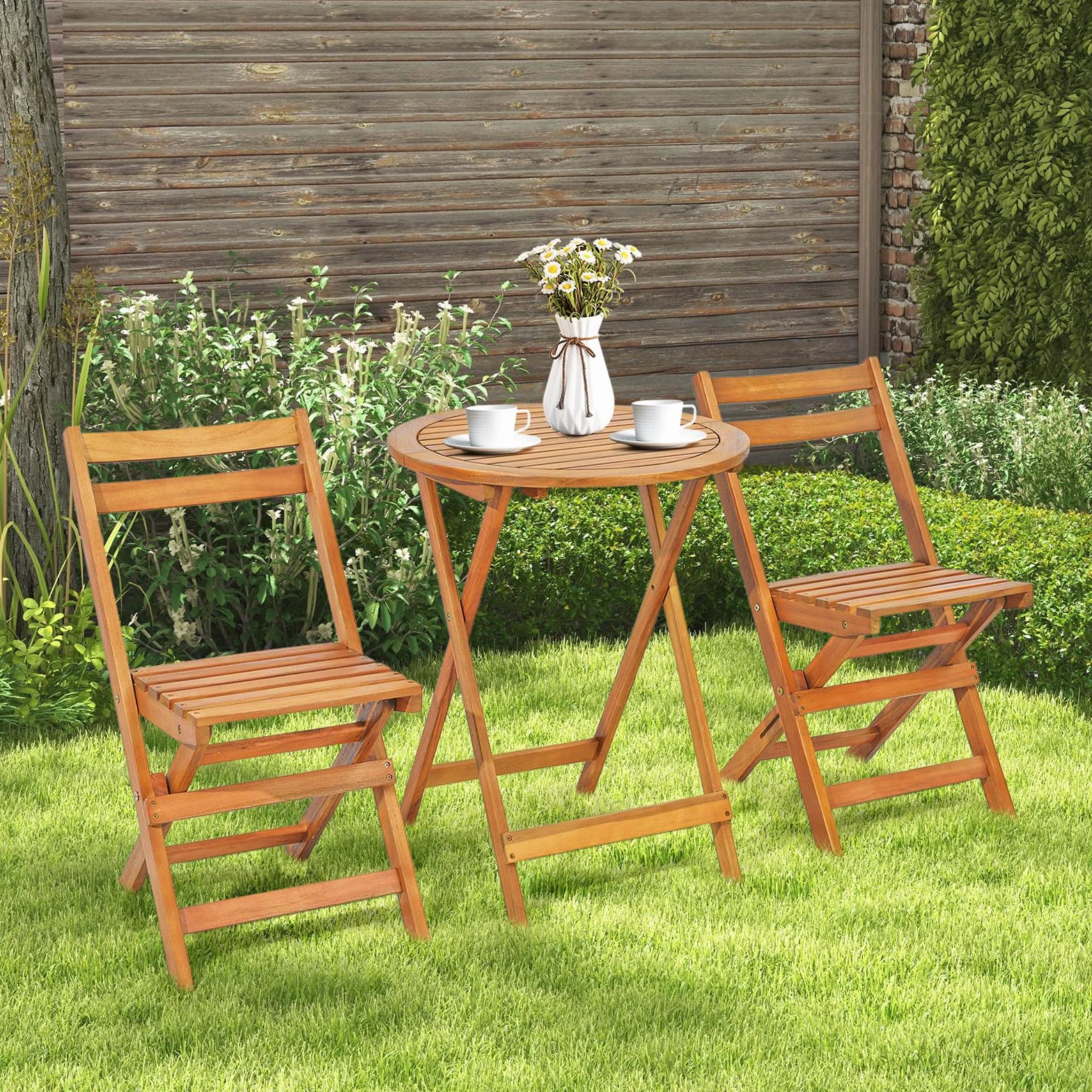 Giantex Table de Jardin Exterieur avec Chaise, 1 Table Ronde et 2 Chaises Bois d'Acacia avec Dossiers, Ensemble Meuble Extérieur, Salon de Jardin 2 Personnes, Table et Chasie Pliantes pour Balcon
