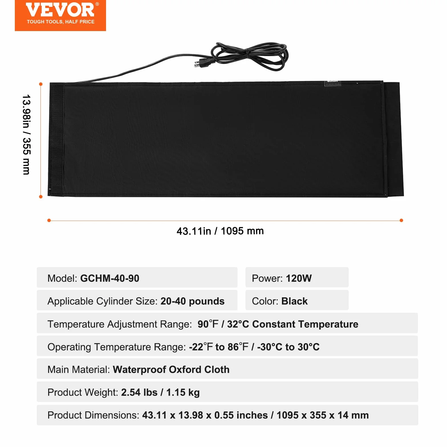 VEVOR Couverture chauffante pour bouteilles de propane 120 W, housse isolant réservoirs gaz 18 kg, thermostat interne, température max 32,22°C, tissu Oxford imperméable