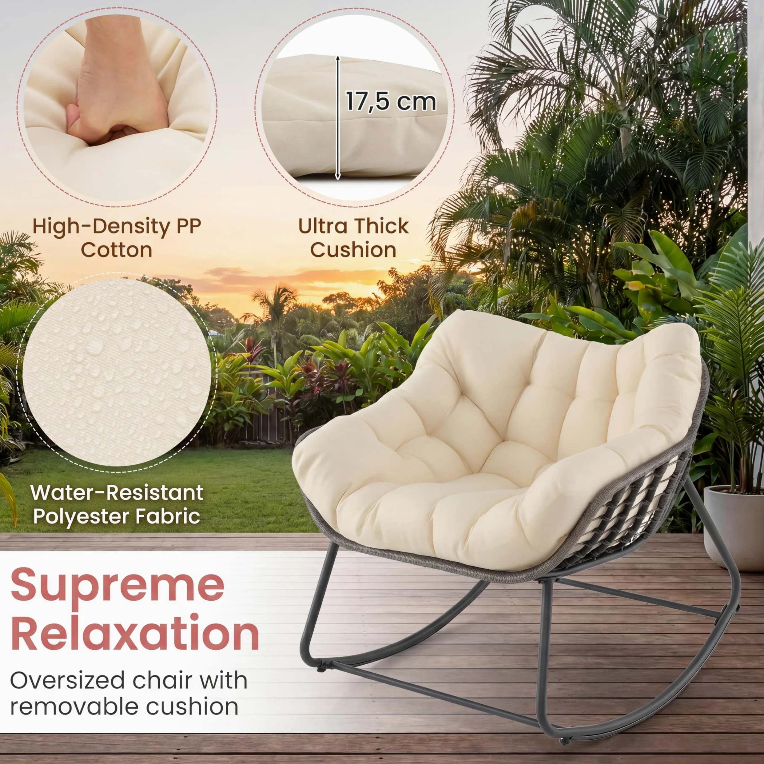 SOARS Fauteuil à Bascule de Jardin, Chaise à Bascule Papasan en Rotin avec Coussin Rembourré et Amovible, Cadre en Métal, Charge 150 KG, pour Intérieur et Extérieur, Salon Balcon Terrasse, Beige