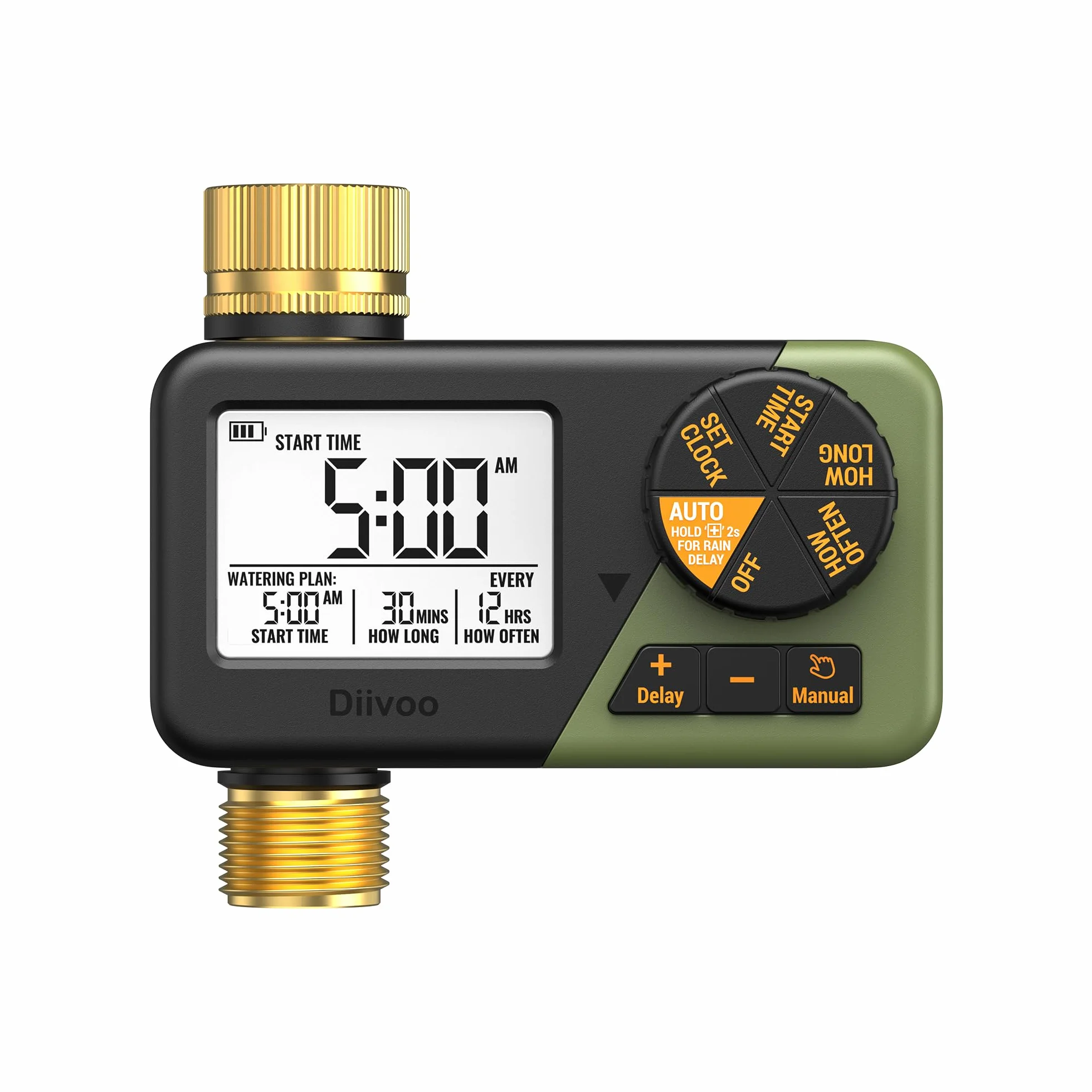 Diivoo Programmateur Arrosage Laiton IP66 Minuteur Arrosage Horaire Hebdomadaire Quotidien Grand Écran LCD