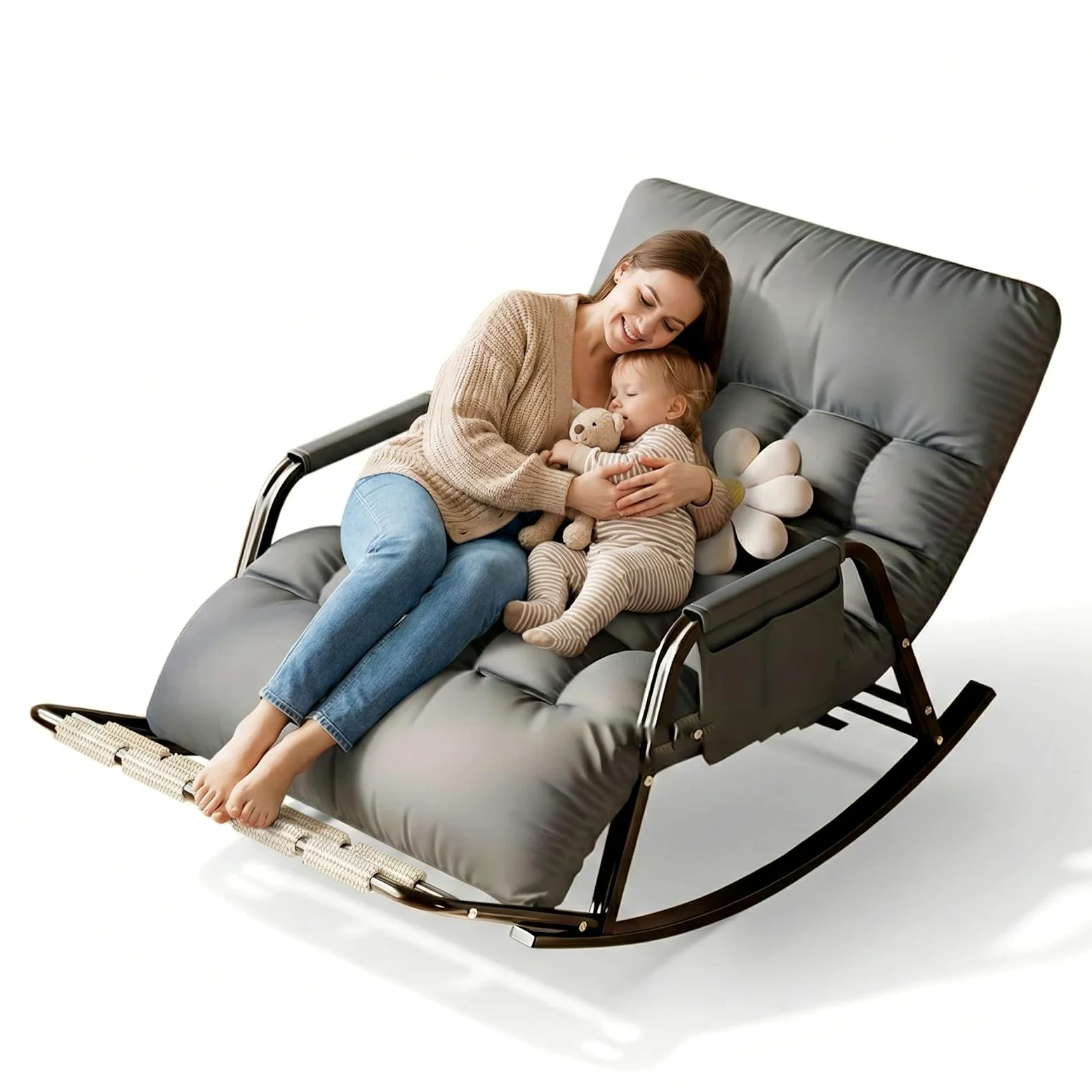 Rocking Chair, Dossier et Pied réglable, Tissu Résistant aux Griffes, Cadre en Acier Carbone, pour Intérieur et Extérieur, Gris & Orange, 93x111x50 cm, Charge Maximale 250 kg(Color:Gris)