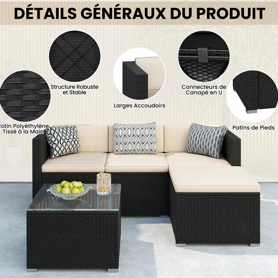 Yaheetech Salon de Jardin Exterieur 4 Personnes en Polyrotin Ensemble Mobilier de Jardin 5 Pièces avec 3 Canapé Modulables 1 Table Basse 1 Ottomane pour Balcon Bistro Patio Terrasse Noir/Beige