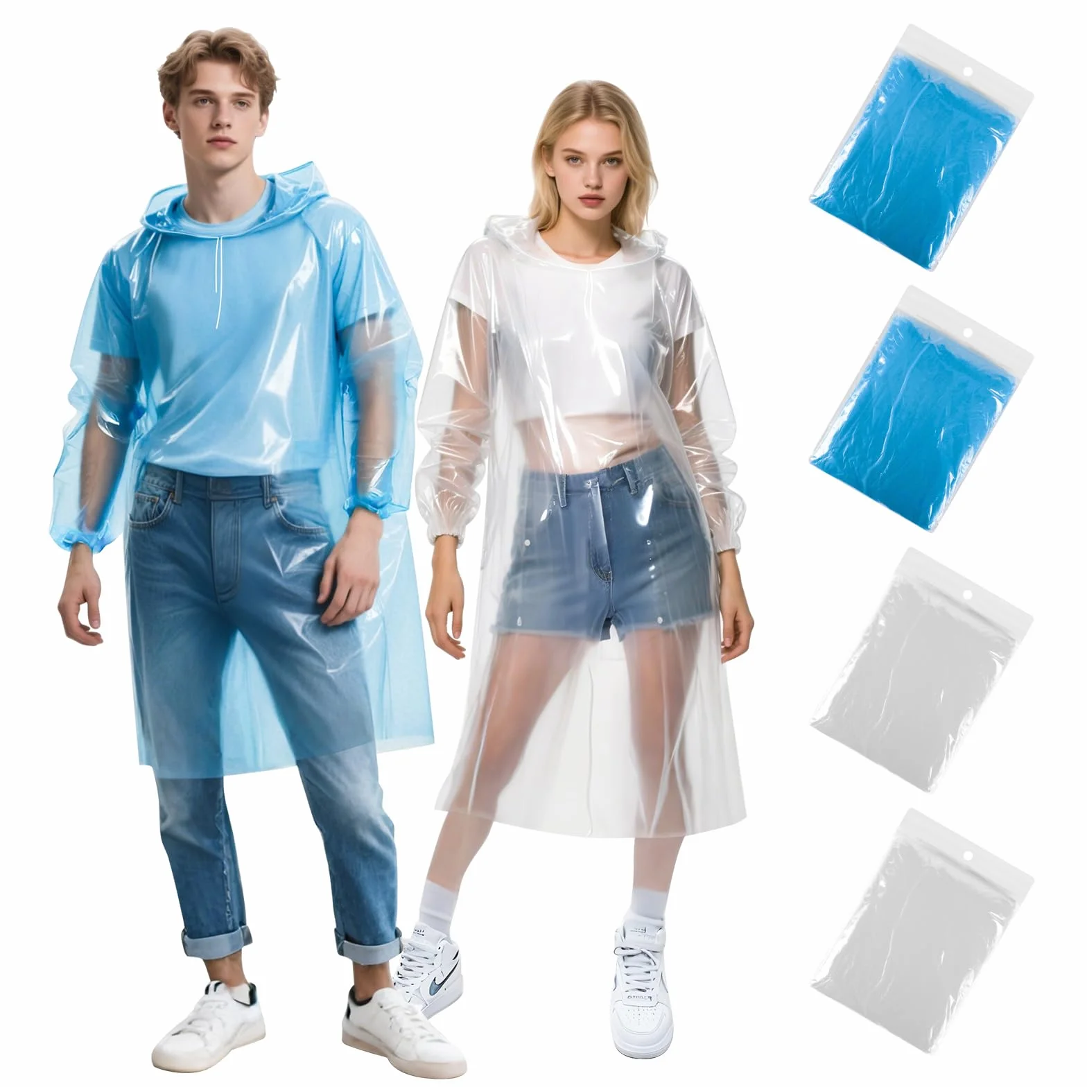 GAOHUI Lot de 4 Ponchos de Pluie Jetables Adultes Adolescents Capuche Protection Extérieur Transparent Bleu