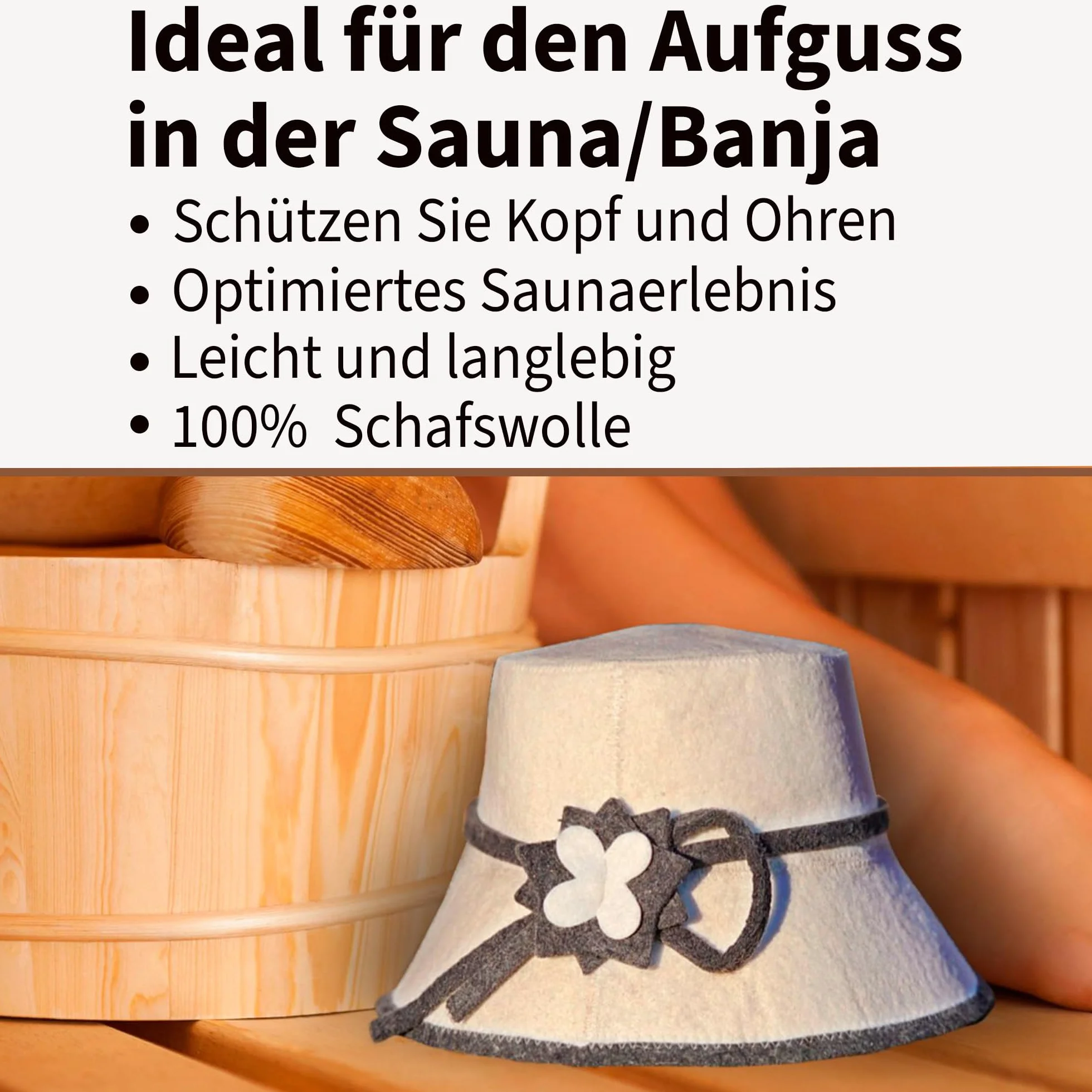 Chapeau de Sauna pour Femme en Feutre de Laine 100% avec Broderie Florale Blanc/Gris