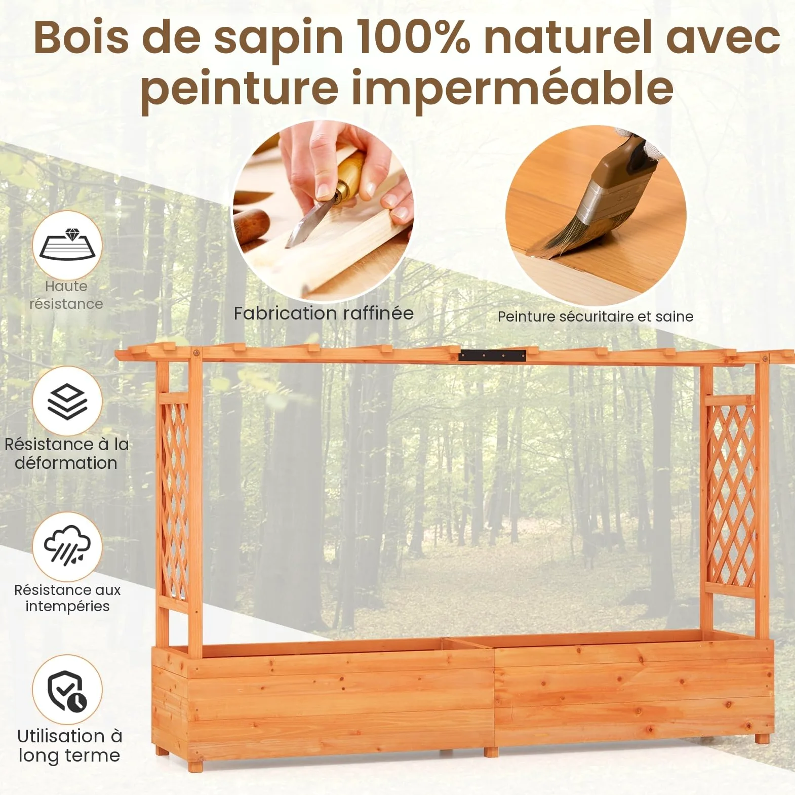 HOMASIS Jardiniere Exterieur Grande avec 2 Treillis et Etagère de Toit, Bac à Fleurs Surélevé en Bois pour Plantes Grimpantes, Jardiniere avec Treillis pour Jardin Balcon, 200x44x114cm, Orange