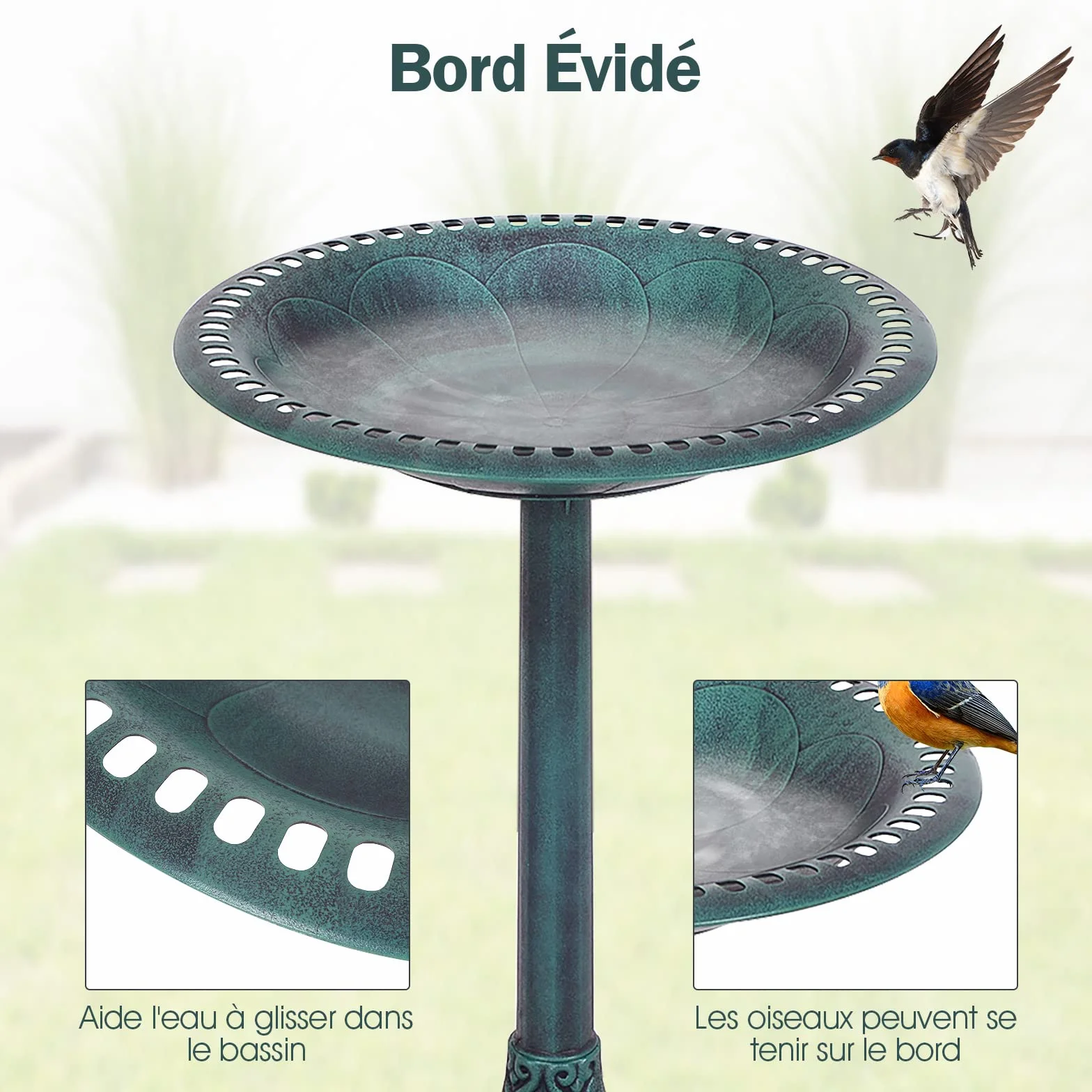 COSTWAY Abreuvoir Oiseaux Extérieur Plateau Dia.50 cm, Mangeoire Oiseaux Hauteur 72CM, Bain d'oiseaux sur Pied, Design Antique (Bronze Vert)