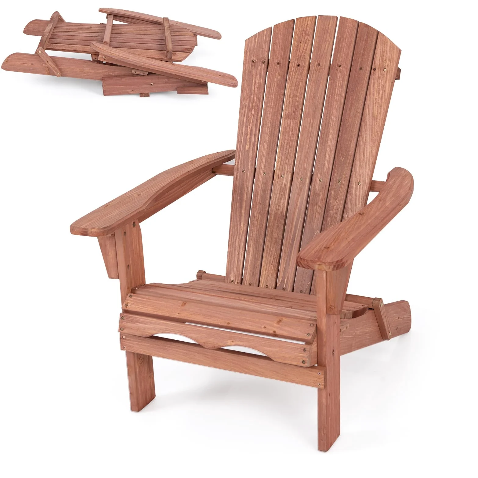 KOMFOTTEU Fauteuil Adirondack, Bois de Sapin, Chaise de Jardin Pliable, Charge de 180 kg, Design Ergonomique, Chaise de feu de Camp, Sièges en Terrasse avec Dossier et Accoudoirs (Lot de 1, Naturel)