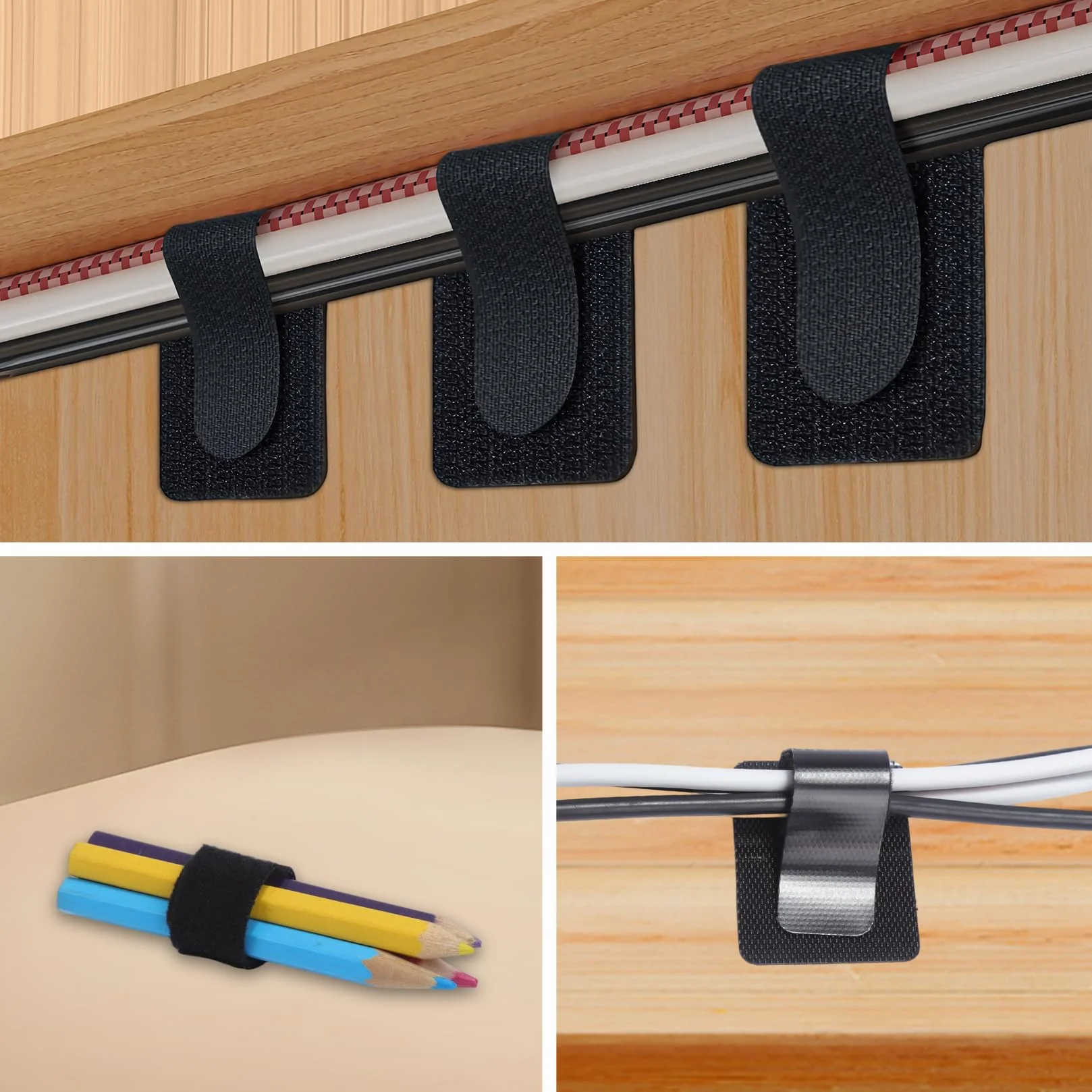 Kit de gestion de câbles 30 pièces clips plateaux autocollants réglables réutilisables noir