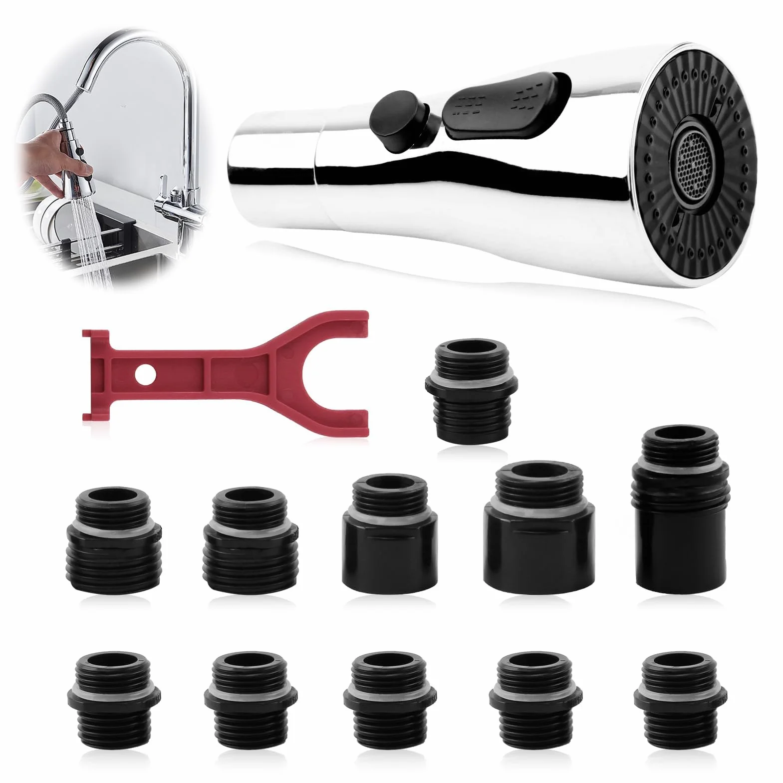 Douchette Robinet Cuisine 3 Modes avec 11 Adapteurs G1/2'' Extractible Rétractable