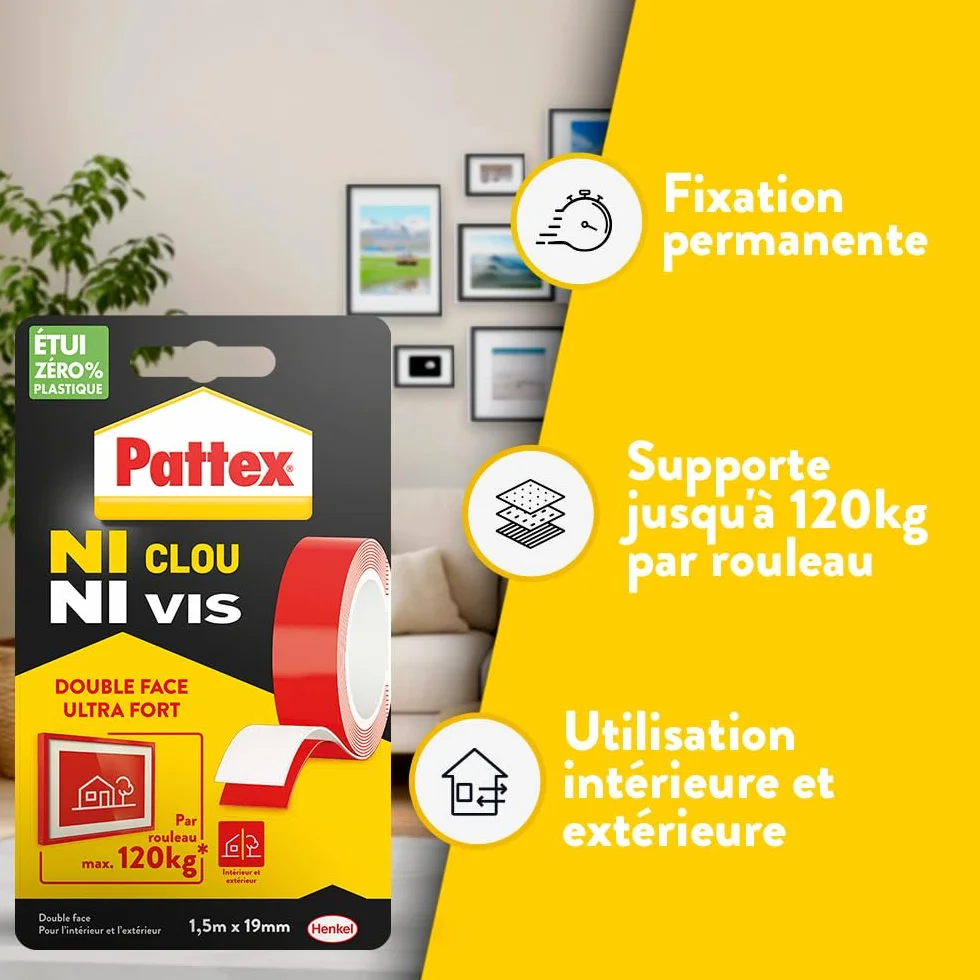 Pattex Ruban adhésif double face ultra fort 1,5 m x 19 mm 120 kg pour intérieur extérieur