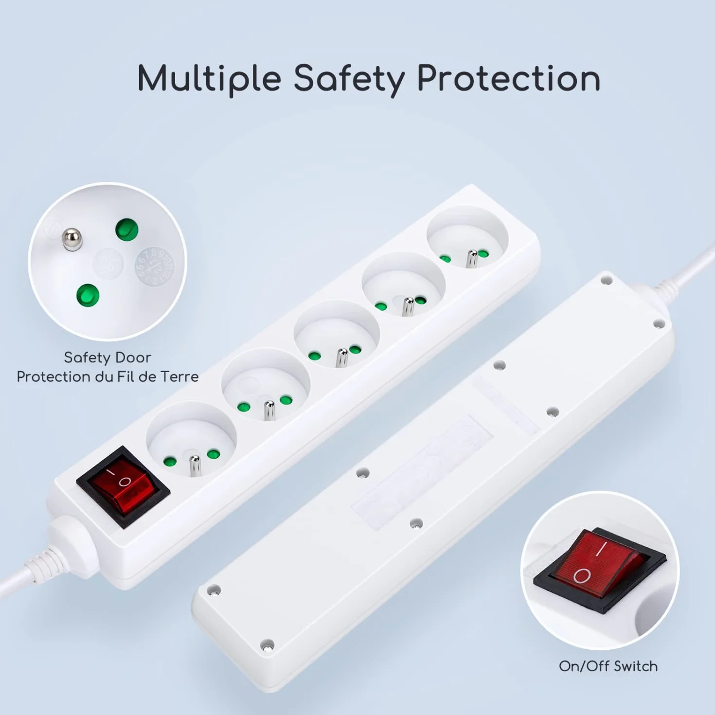 Aigostar Multiprise 5 Prises avec Interrupteur 2P+T 1.5 Mètre 16A 250V Blanc Sécurité Enfant