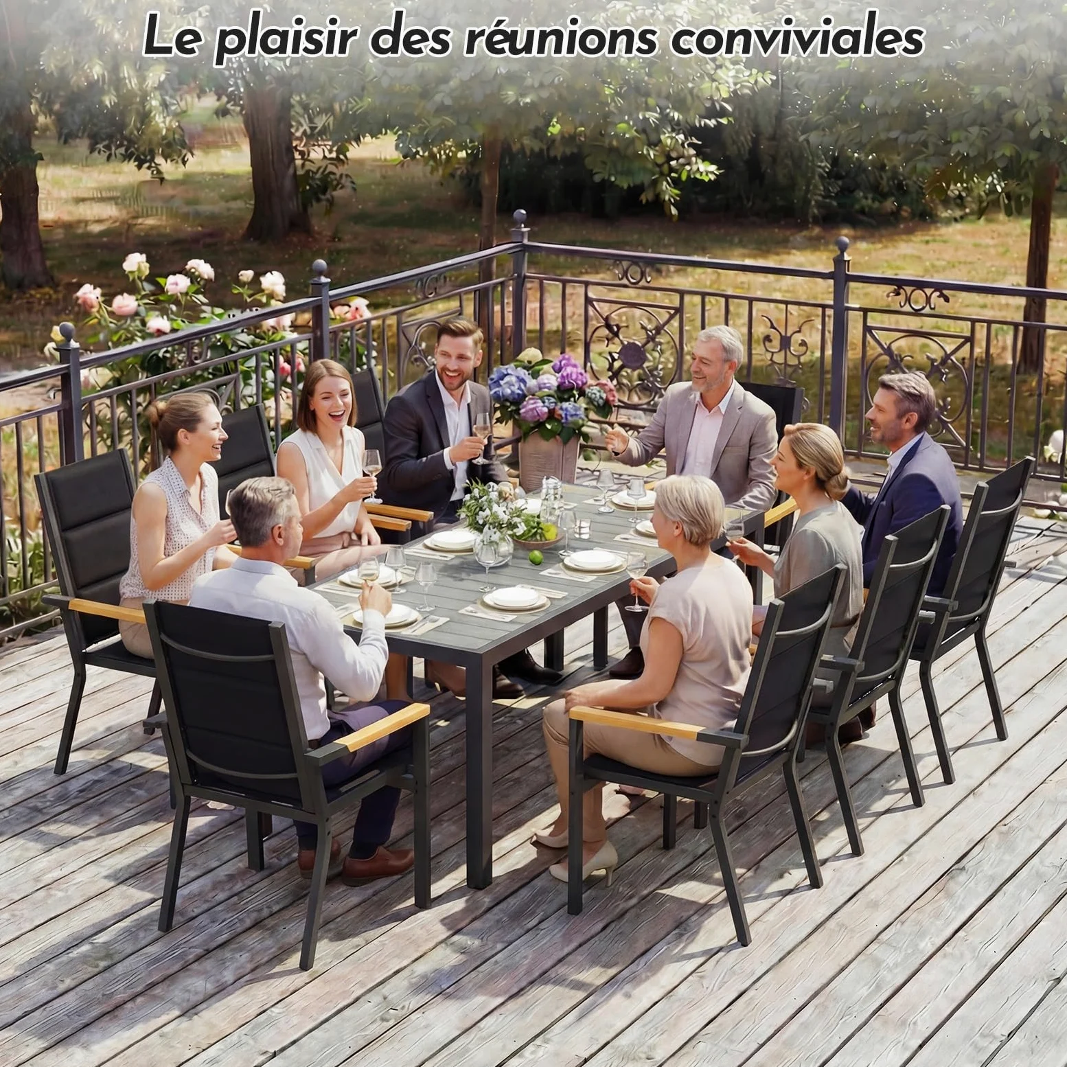 Devoko Salon de Jardin Exterieur 8 Personnes, HDPS Table de 189 cm et 8 Chaises Empilable d'Extérieur en Aluminium Durable, Design à Veine de Bois, Idéal pour Cour, Terrasse ou Bord de Piscine, Gris