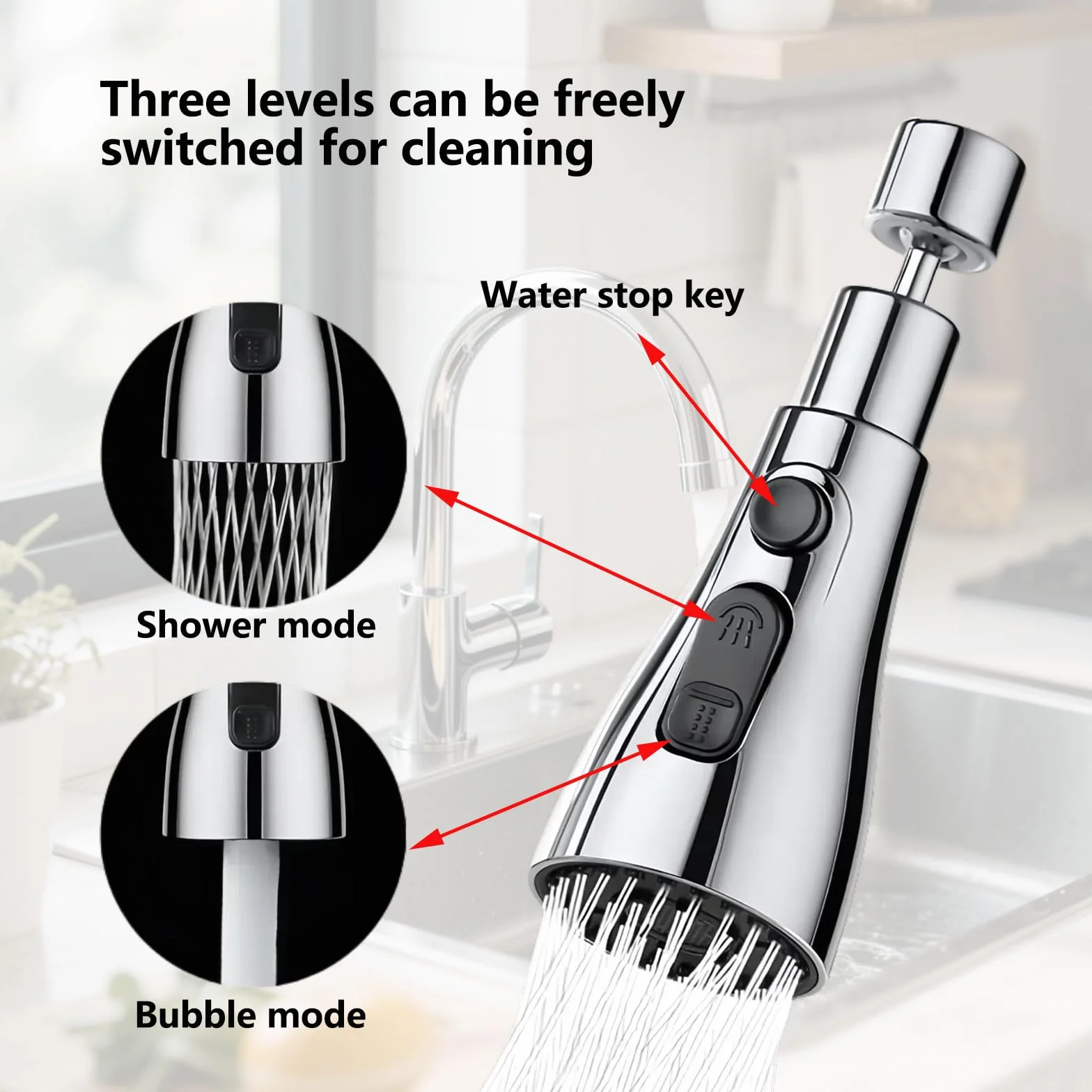 Douchette Evier Cuisine 360° Rotatif 3 Modes Mousseur Robinet Anti-Éclaboussures Embout Universel Laiton Adaptateurs Multi-Tailles
