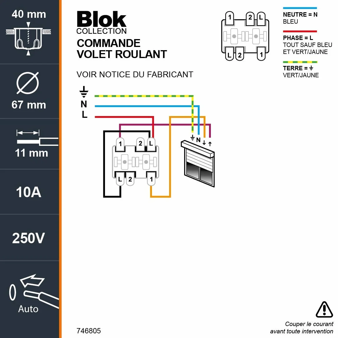 Interrupteur Volet Roulant Complet Mural Blanc 70x70x33,5 mm DEBFLEX