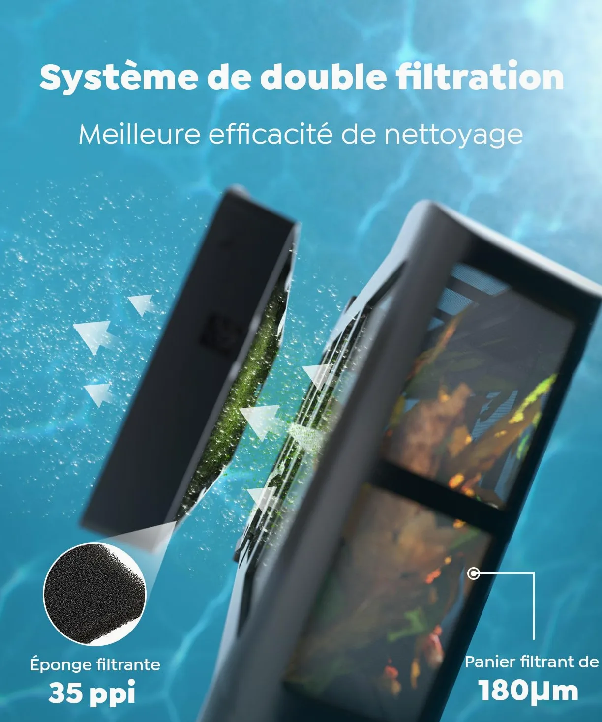C1 Robot de Piscine Fond et Parois, Double Filtre, Robot Piscine sans Fil, 7 Modes Nettoyage, 170-180 Min d'Autonomie, Puissant Aspirateur pour Piscines jusqu'à 150 m²,Bleu Minuit