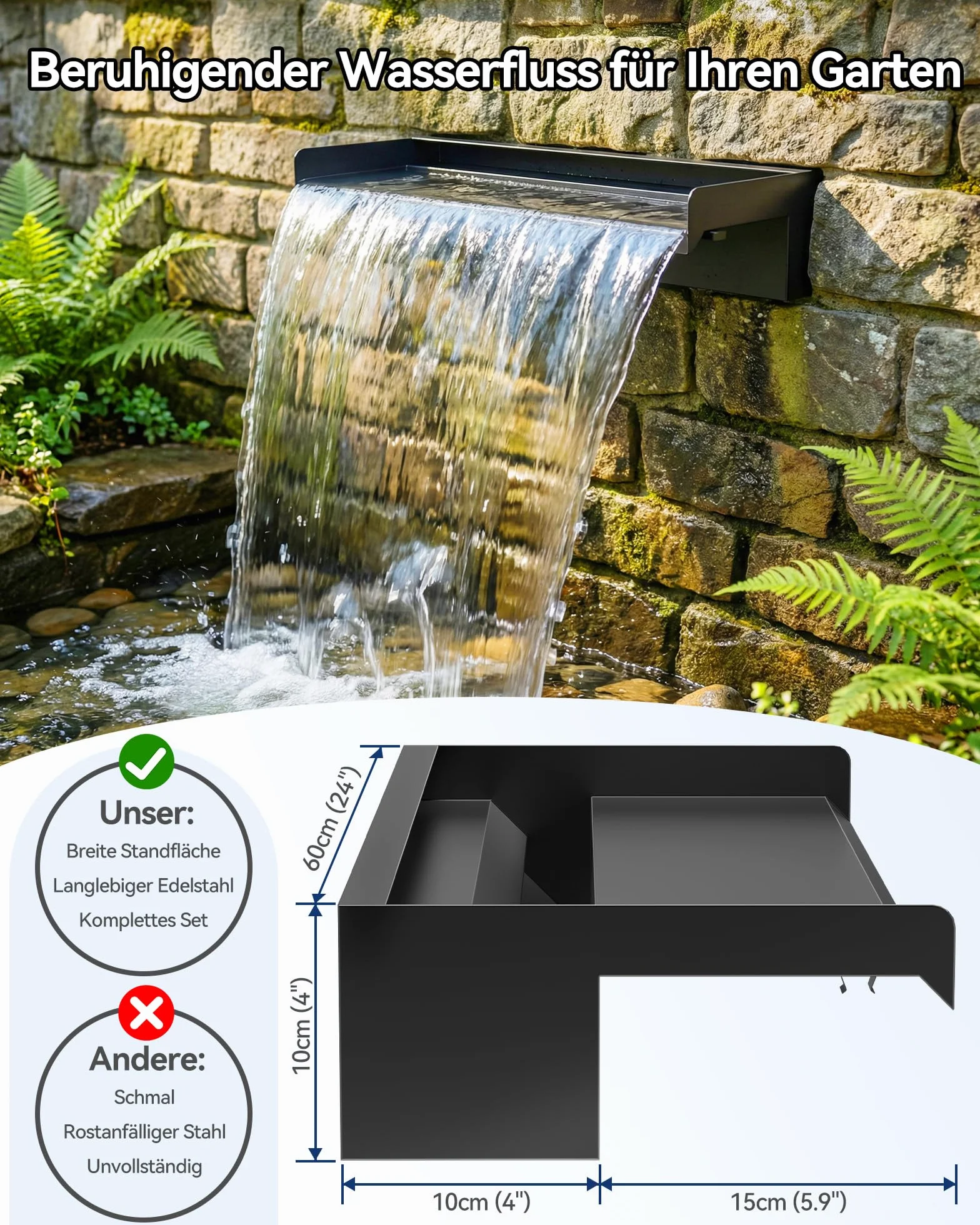 POPOSOAP Kit Cascade Bassin Acier Inoxydable 60cm Pompe Eau 4500 L/h Lumières LED Télécommandées Tuyau Ondulé 3m
