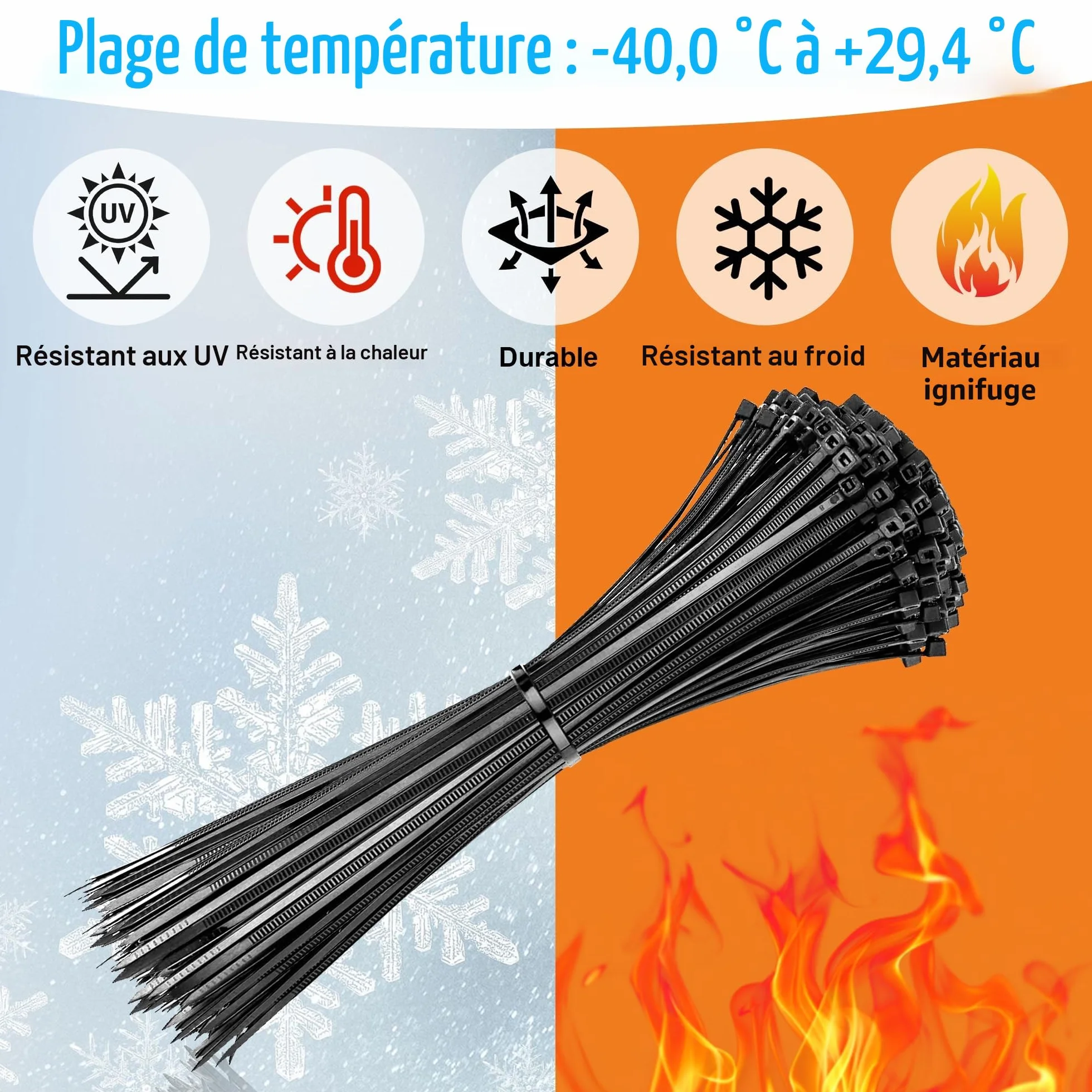 Collier de Serrage Noir 300 x 8 mm 75kg, Autobloquant Résistant aux UV, 100 Pièces