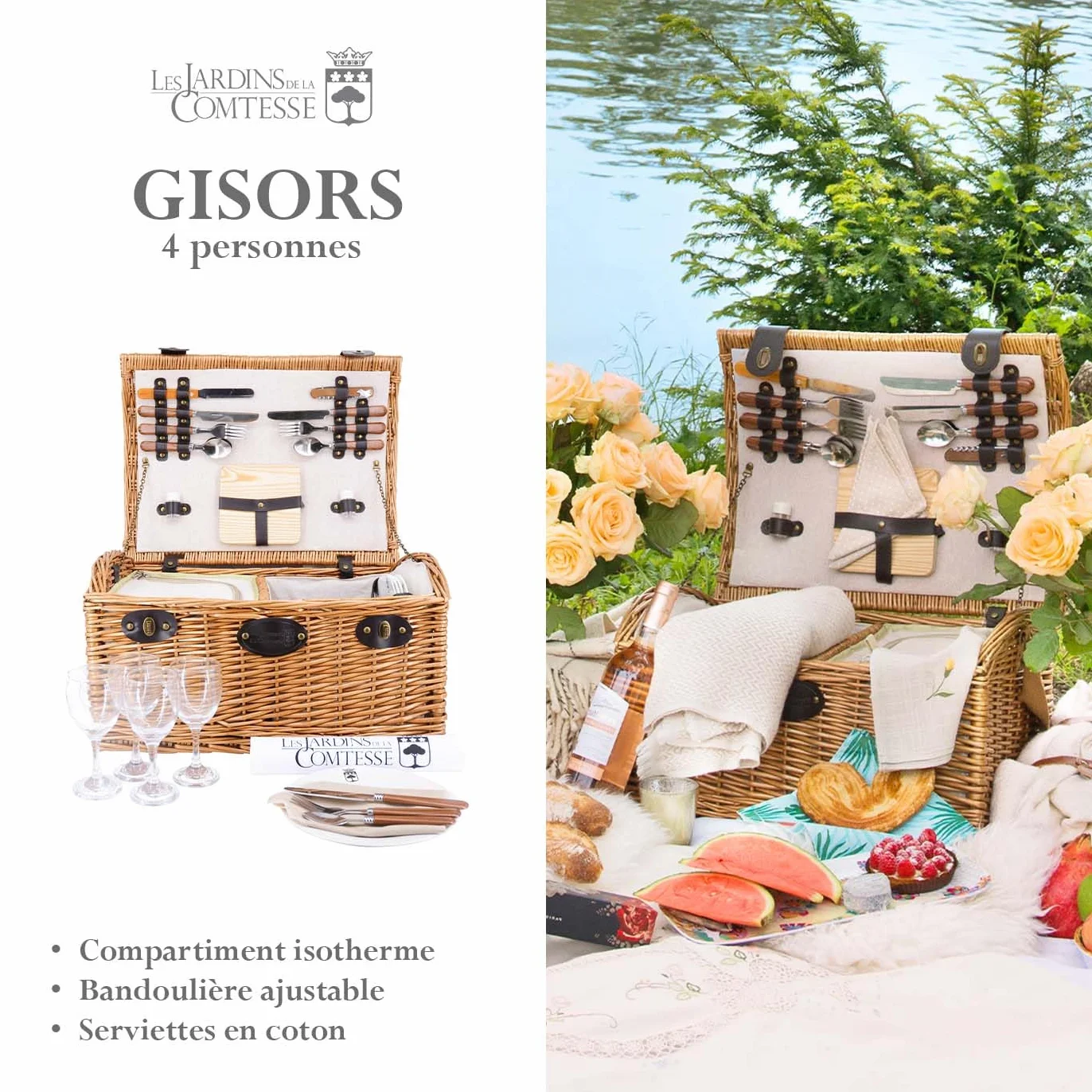 Les Jardins de la Comtesse - Panier Picnic Gisors en Osier Couleur Miel - 4 Personnes/Compartiment Isotherme et Assiettes en Céramique - Verres à Vin en Verre - Tissu Couleur Crème - 48 x 36 x 27 cm