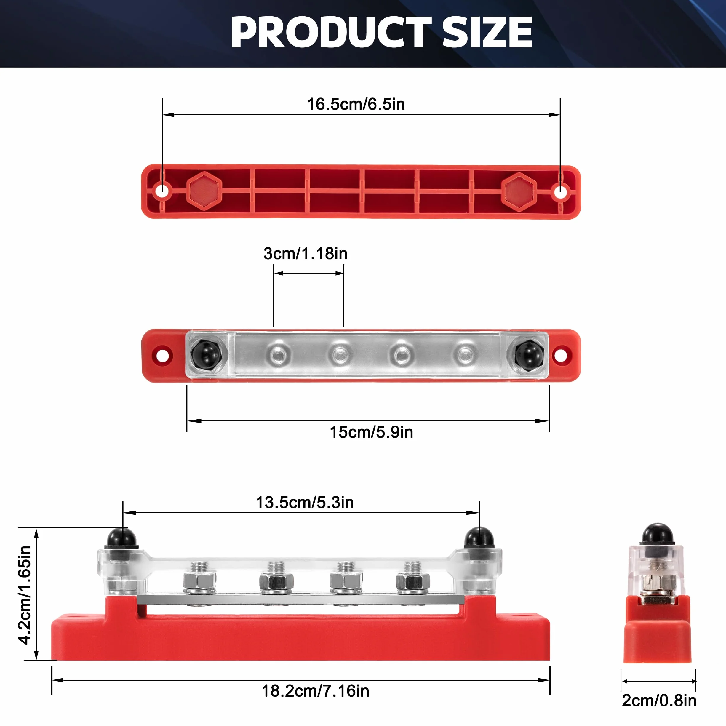 Bloc de Distribution Alimentation 12V-48V DC Barres de Distribution BusBar 150A 6 x M6 Boulons de Borne Rouge