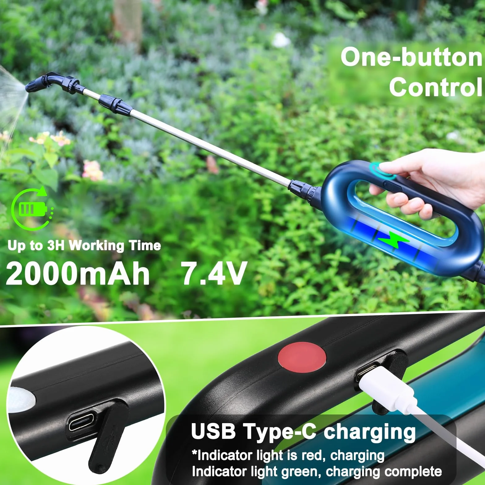 TLGREEN Pulverisateur Electrique à Batterie 8L, 7.4V/2000 mAh Pulverisateur de Jardin avec 3 Buses Réglable, Pistolet pulvérisateur télescopique pour Pelouse, Cour pulvérisation des Plantes de Jardin