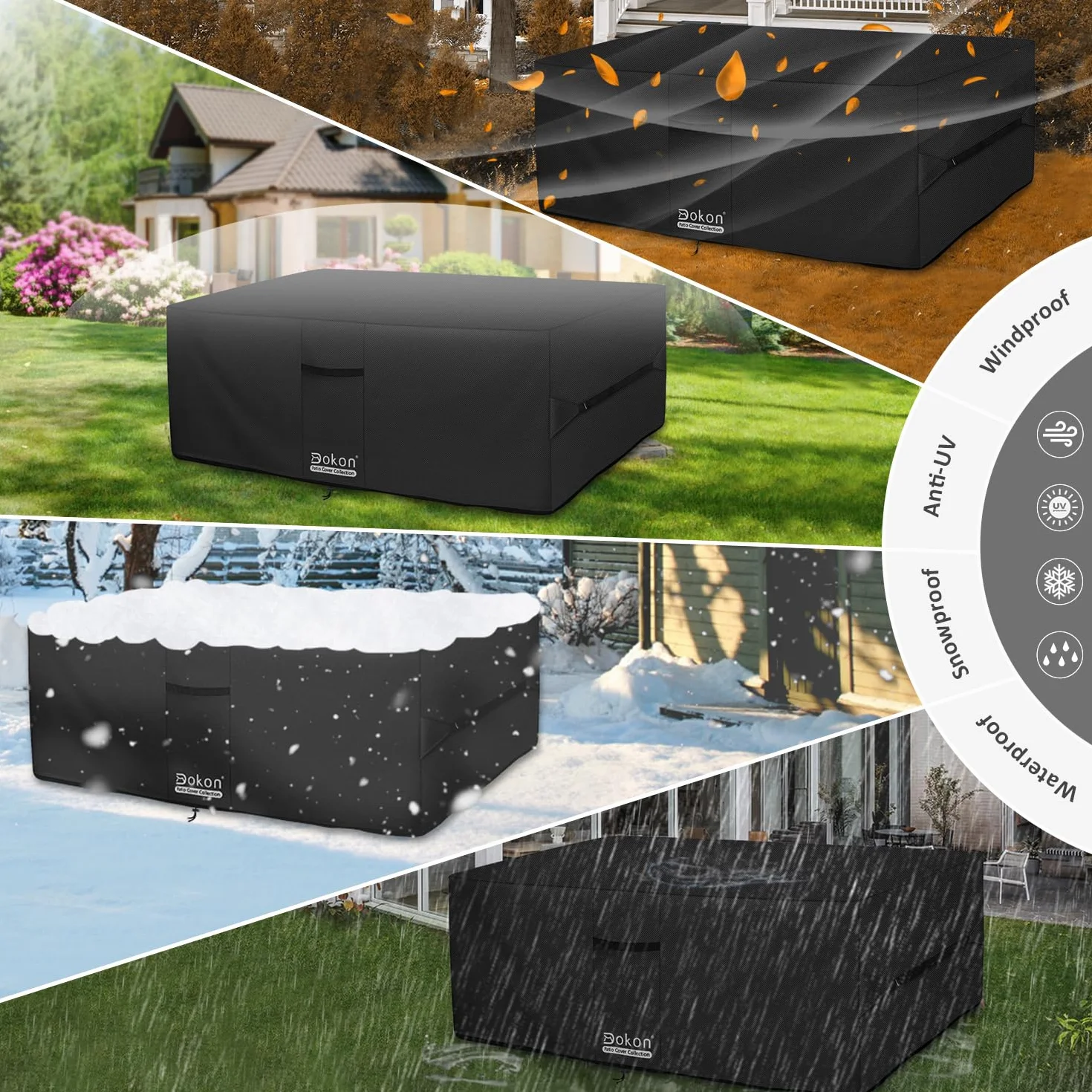 Dokon Housse Salon de Jardin Exterieur Imperméable Anti-UV Tissu Oxford 420D Protection Table Rectangulaire 250x150x90cm Noir
