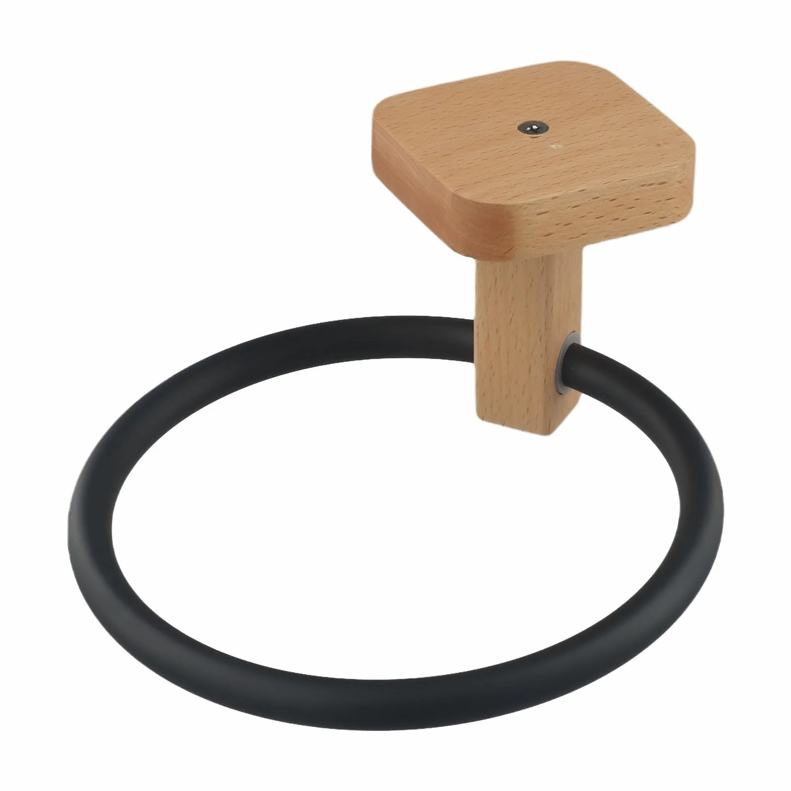 Porte-serviettes mural moderne en bois massif, design sans perçage avec barre en aluminium noir mat, organisateur d'anneau de serviette de salle de bain peu encombrant (noir hêtre)