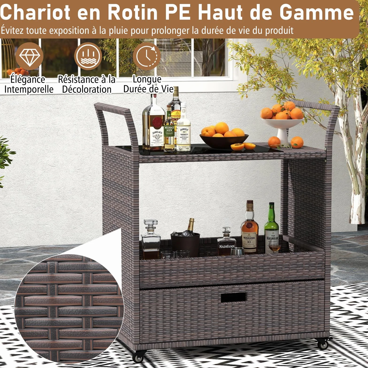 COSTWAY Chariot de Bar Extérieur en Osier avec Plateau en Verre Trempé, Table Roulante pour Jardin