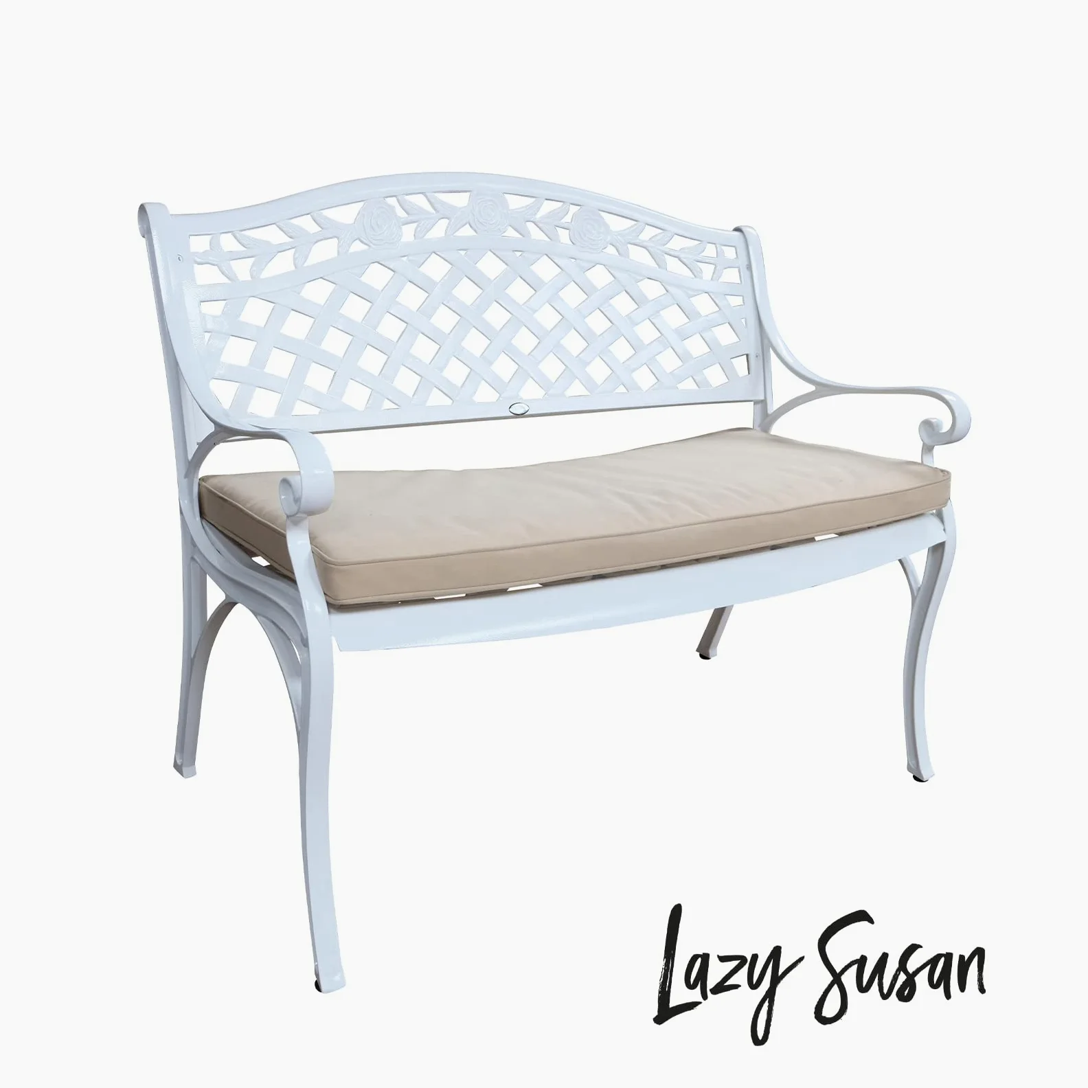 Lazy Susan | Banc de Jardin Rose Deux Places en Blanc et Coussin Beige | en Aluminium résistant aux intempéries | Facile à Assembler | Garantie 3 Ans