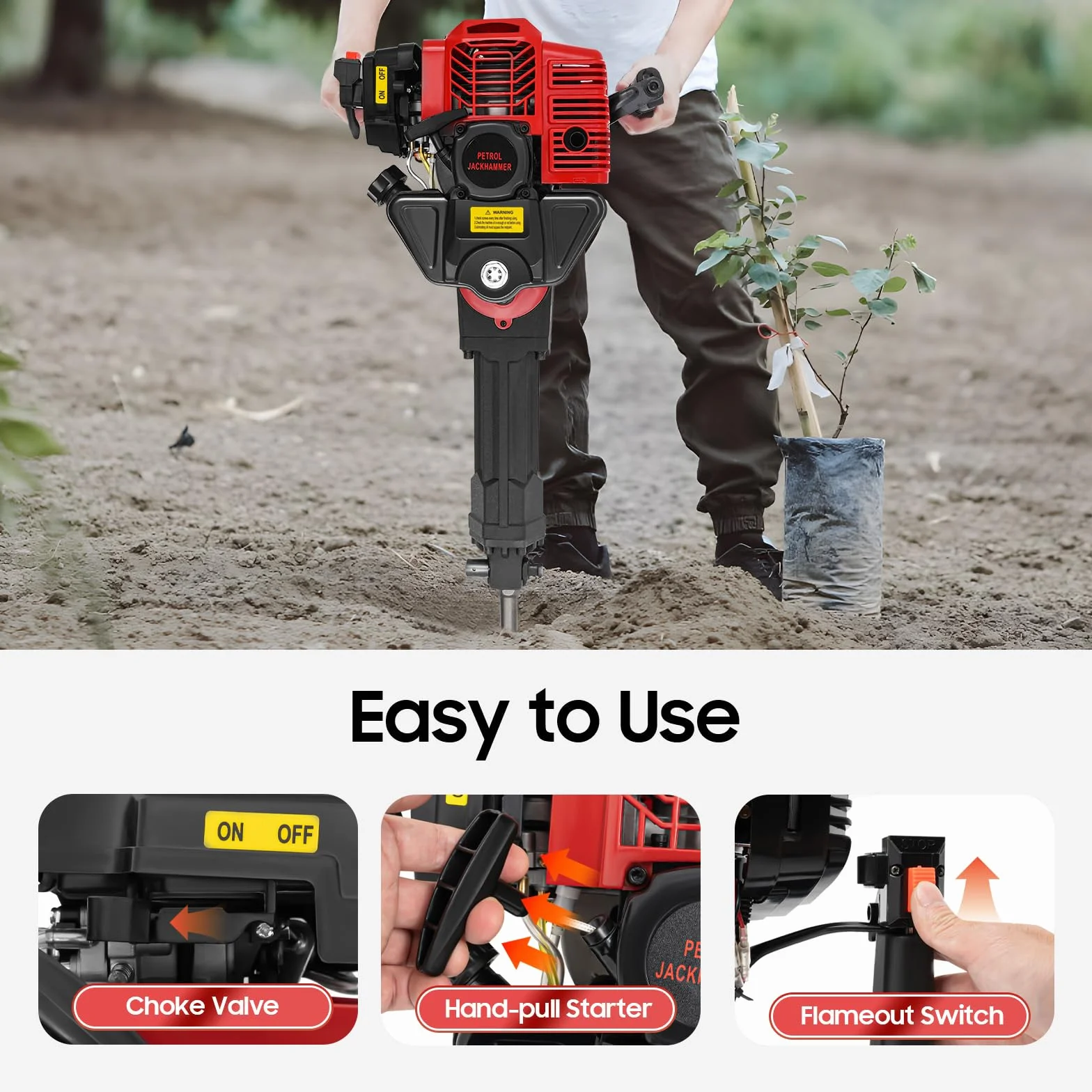 Excavatrice d'arbre de jardin 52cc 1900W deux temps Essence, monilindol, refroidi par air, excavatrice d'excavation avec deux boutons et lunettes de protection
