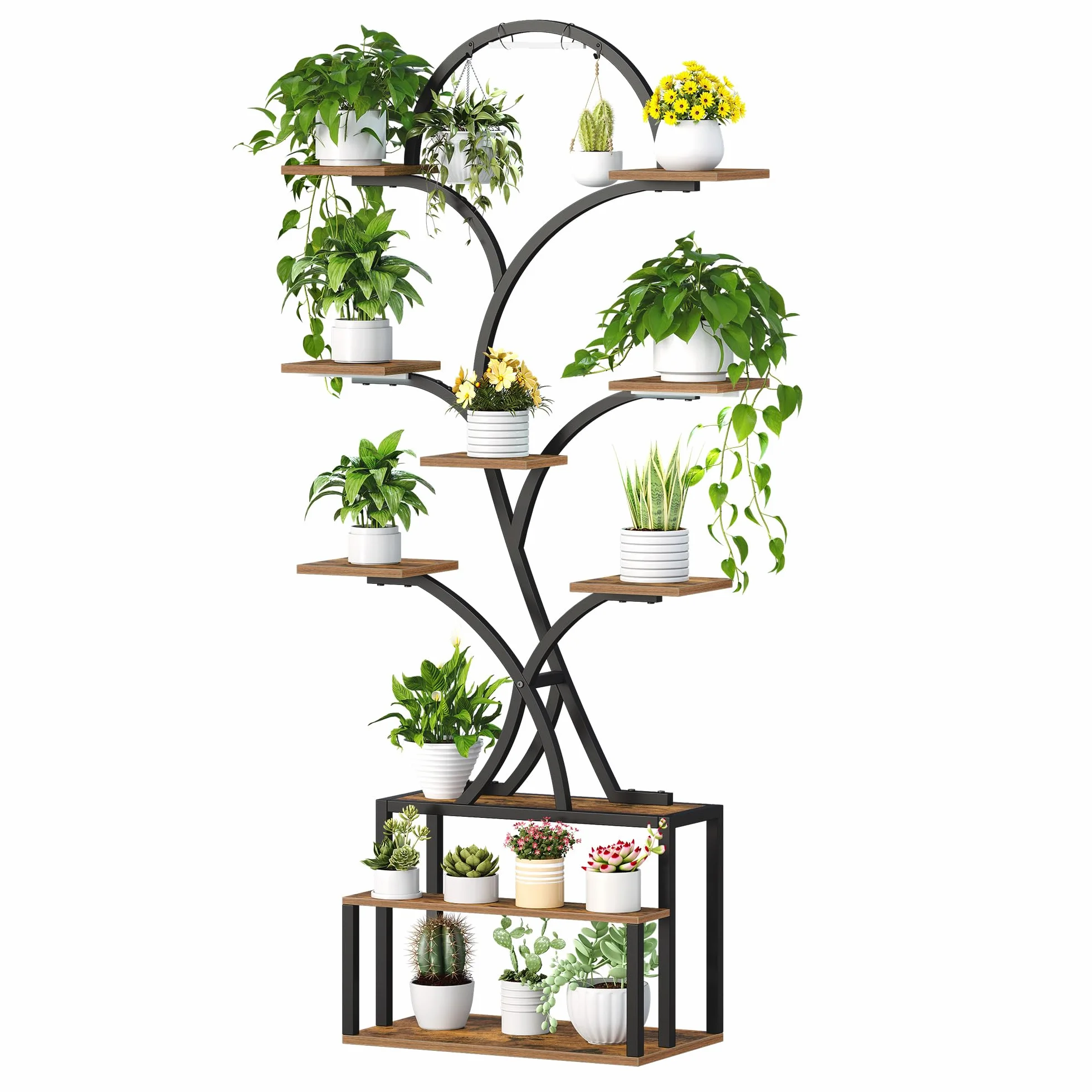 Étagère à Plantes avec Lampe LED 10 Niveaux Bois 168 cm Noir