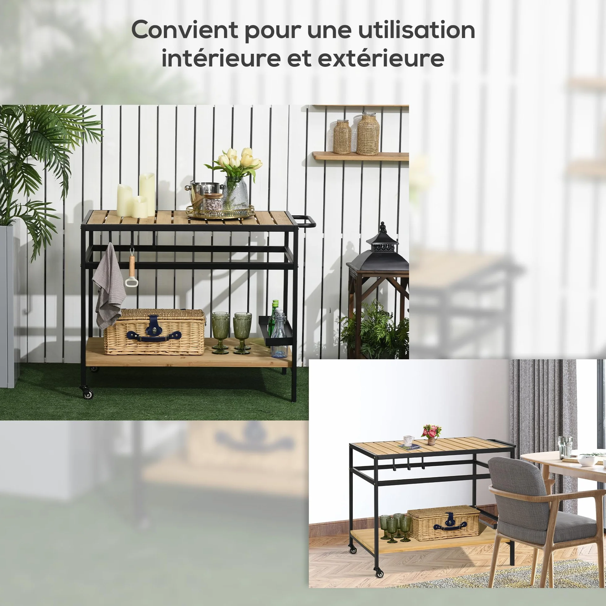 Outsunny Desserte de Jardin Chariot Barbecue avec 2 étagères 3 Crochets Bois Métal 107 x 65 x 80 cm Noir Naturel