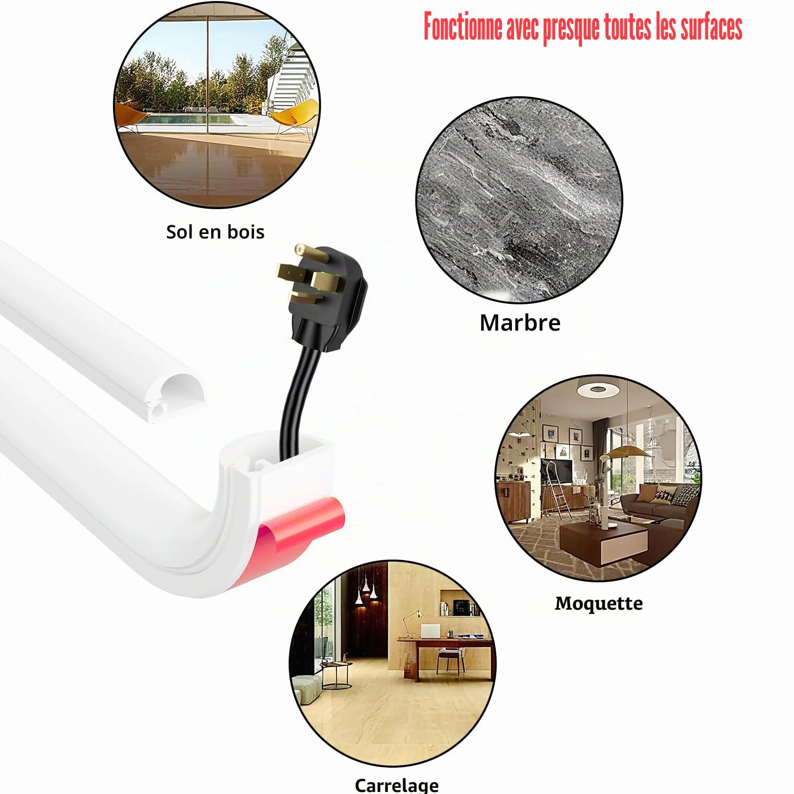 Goulotte Passe Cable Blanc 3M Auto-adhésif PVC Cache Câble Sol Demi Rond TV Mural