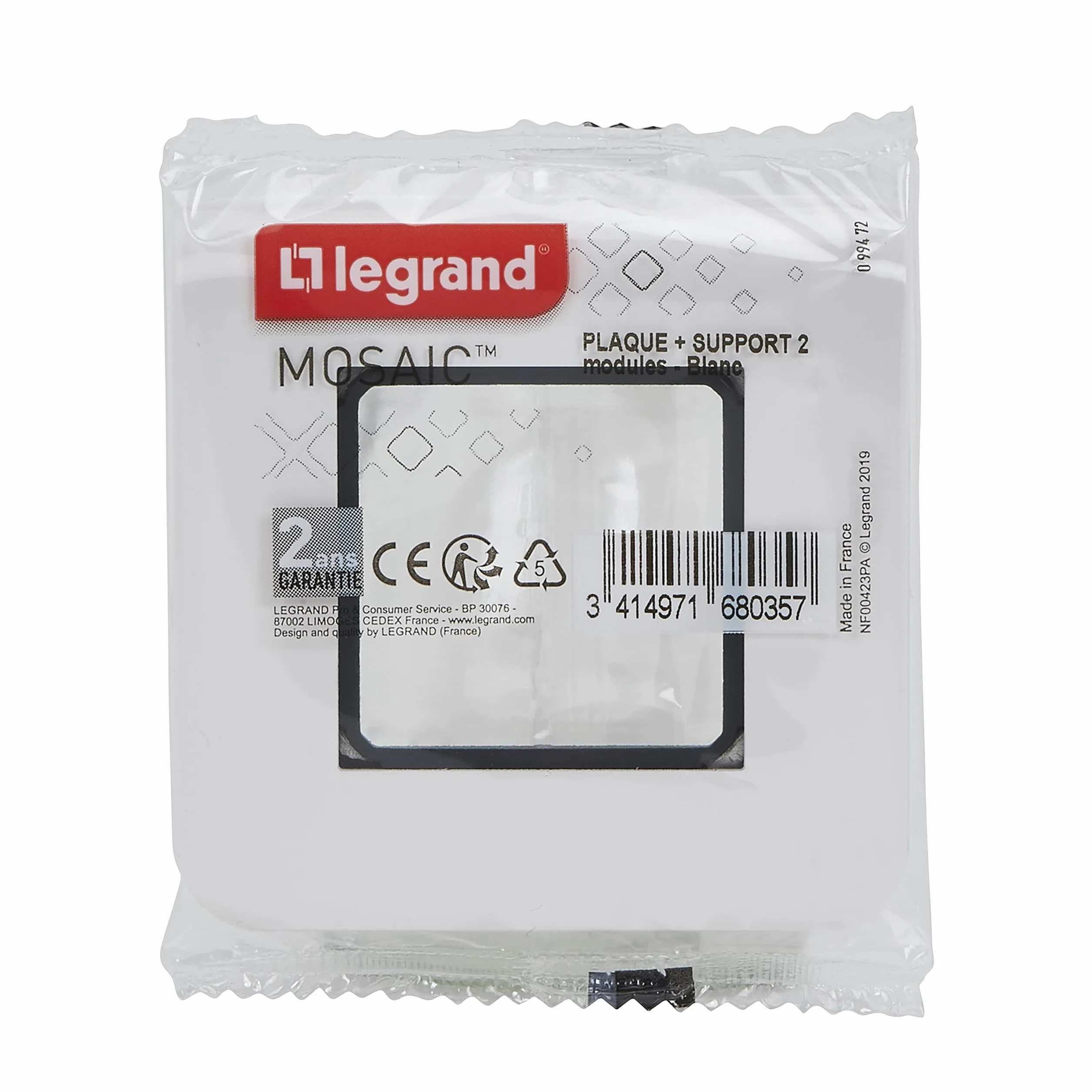 LEGRAND Plaque Mosaic Avec Support Fixation À Vis 2 Modules Blanc Brillant Montage Encastré